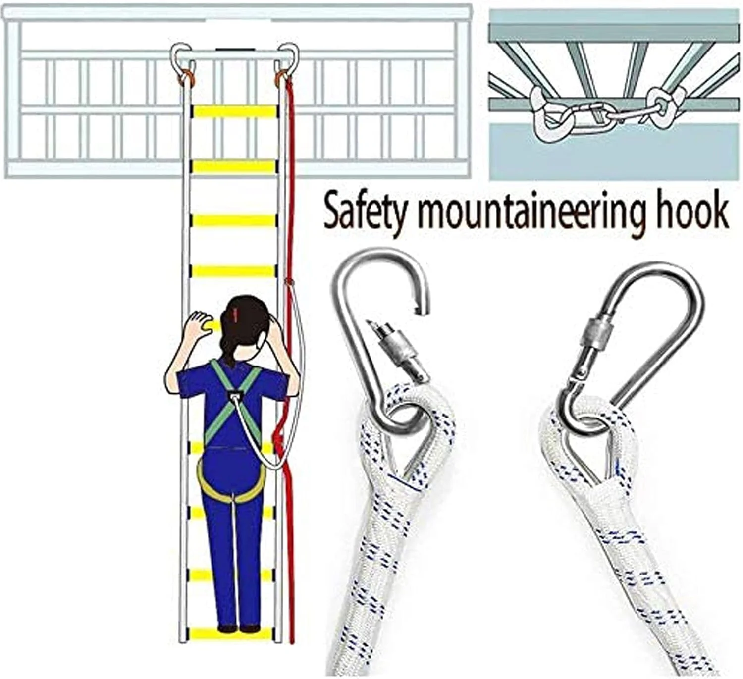 نردبان فرار اضطراری 2 طبقه نردبان طنابی ایمنی آتش نشانی با 2 قلاب، ظرفیت وزن نرم و جمع و جور تا 420 کیلوگرم، استفاده آسان برای بزرگسالان و کودکان (سایز: 10 متر) دو برابر راحتی