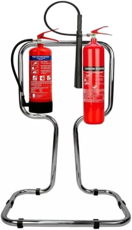 Double Fire Extinguisher Stand - Chrome Metal, Floor Mount, 2-Count, Fire Safety Rack for Office, Commercial, Industrial Use