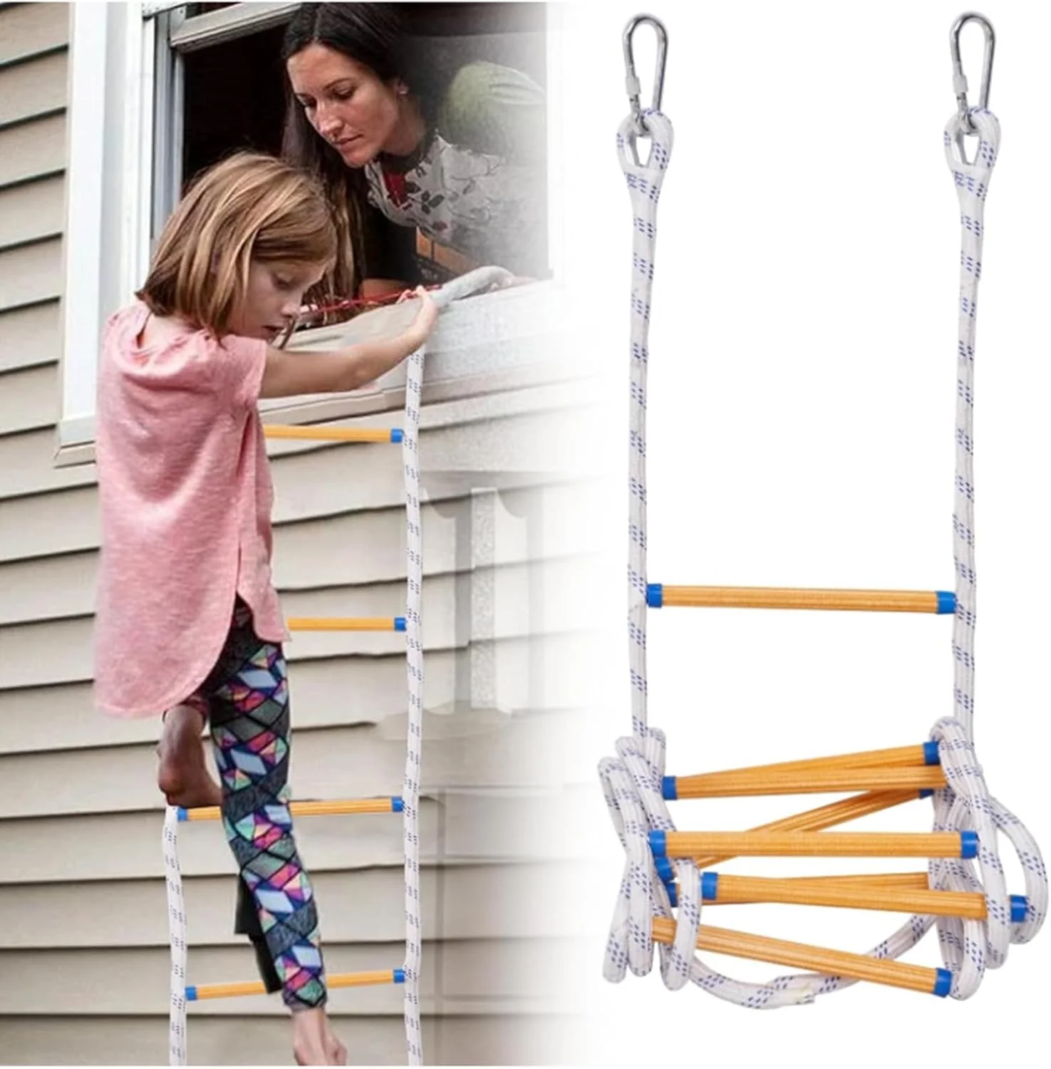 نردبان طنابی، نردبان فرار از آتش 5 متری مقاوم در برابر آتش، نردبان های ایمنی با قلاب، نردبان طنابی اضطراری 2 طبقه 5 متری با کارابین، نردبان آتش نشانی قابل استفاده مجدد (15 متر)