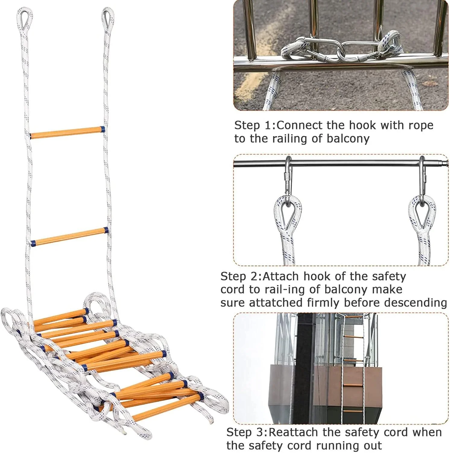 Fire Escape Rope Ladder, Flame Resistant Emergency Fire Safety Evacuation Ladder with Hook Carabins for Kids and Adults, 2-8 Story Fire Rescue Ladder/82Ft/25M (32ft/10m)
