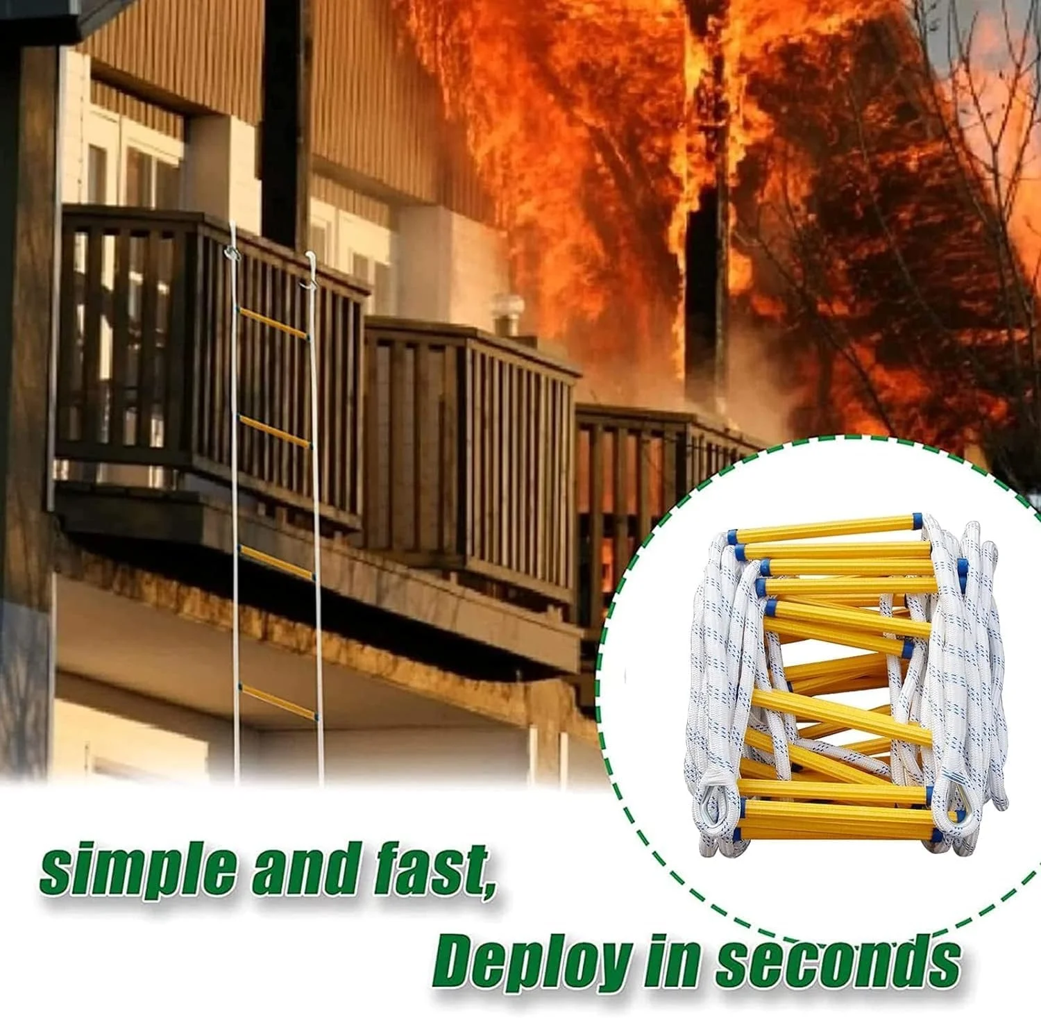 نردبان طنابی فرار از آتش، نردبان فرار از آتش، نردبان طنابی مقاوم در برابر آتش، نردبان طنابی ایمنی با قابلیت استقرار سریع، ظرفیت وزنی تا 900 کیلوگرم، نردبان اضطراری (سایز: 18 متر)