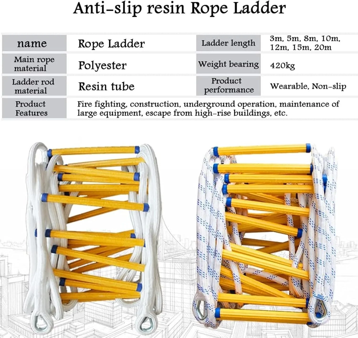 نردبان آتش نشانی قابل حمل برای کودکان و بزرگسالان، نردبان ایمنی نایلونی قابل استفاده مجدد، ظرفیت وزنی تا 420 کیلوگرم، نردبان طنابی فرار اضطراری با کارابین - 5 متر