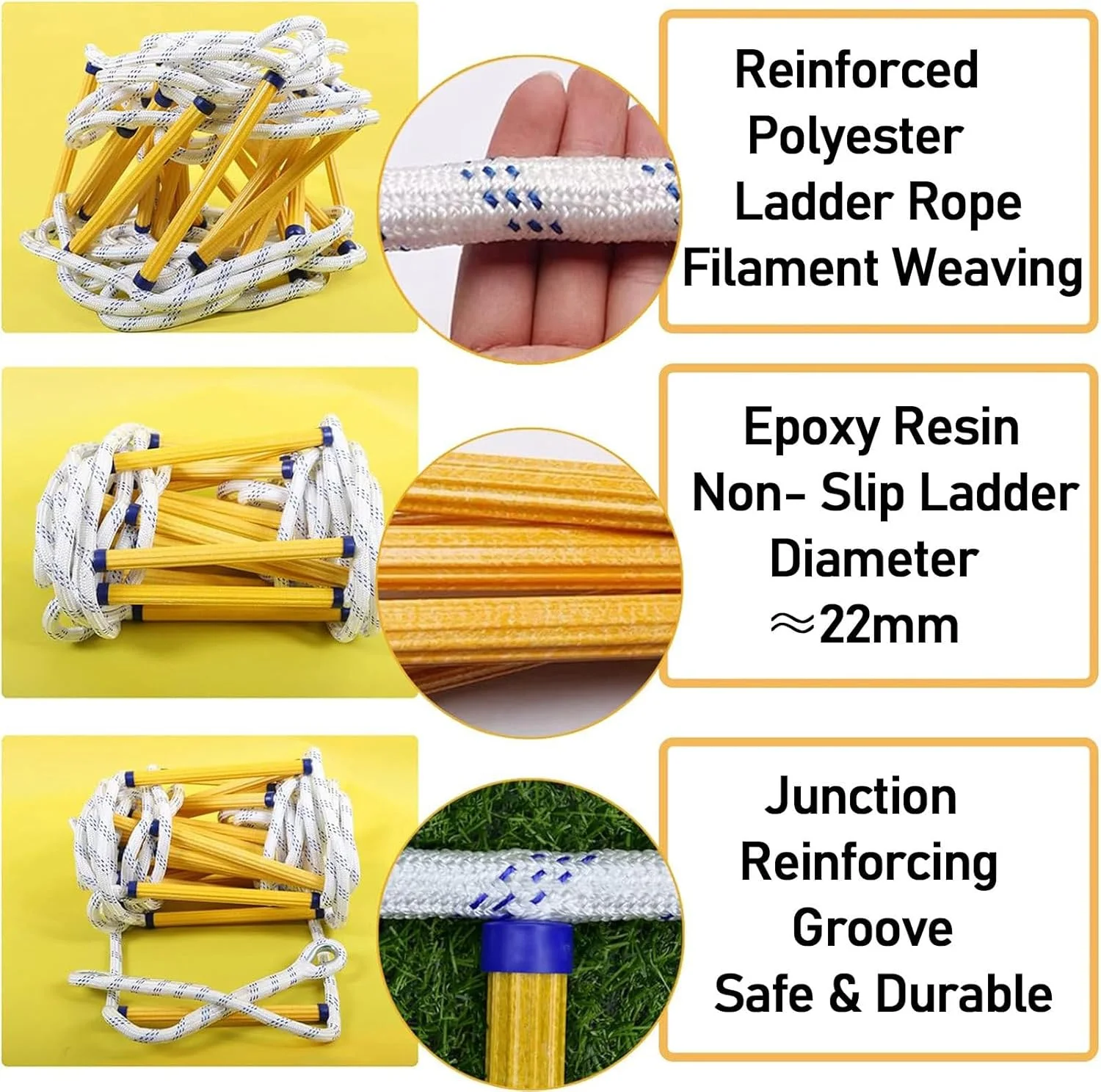 SDFhNest Emergency Fire Escape Rope Ladder, 9/16/26ft Flame Retardant Fire Safety Ladder With Cassette, Load Capacity 2000lbs,35m/114.8ft (Yellow 5m/16.4ft)