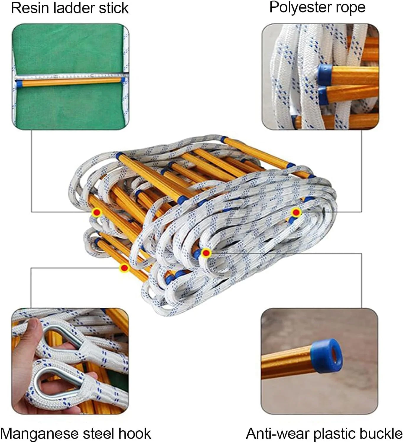 نردبان فرار آتش، نردبان طنابی فرار آتش، نردبان های طنابی نردبان آتش نشانی اضطراری نردبان طنابی ایمنی برای فرار کودکان و بزرگسالان از پنجره و بالکن (اندازه: 3 متر / 9.8 فوت)