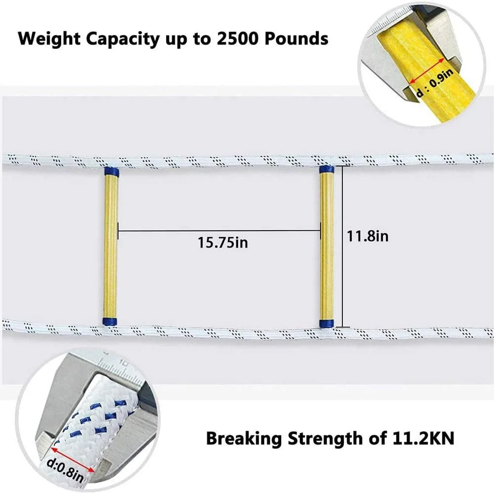 نردبان طنابی فرار اضطراری از آتش سوزی برای خانه های 3-4 طبقه، نردبان تخلیه ایمنی در برابر آتش با قلاب کارابین برای کودکان و بزرگسالان، برای استقرار سریع در آتش سوزی، 3 متر