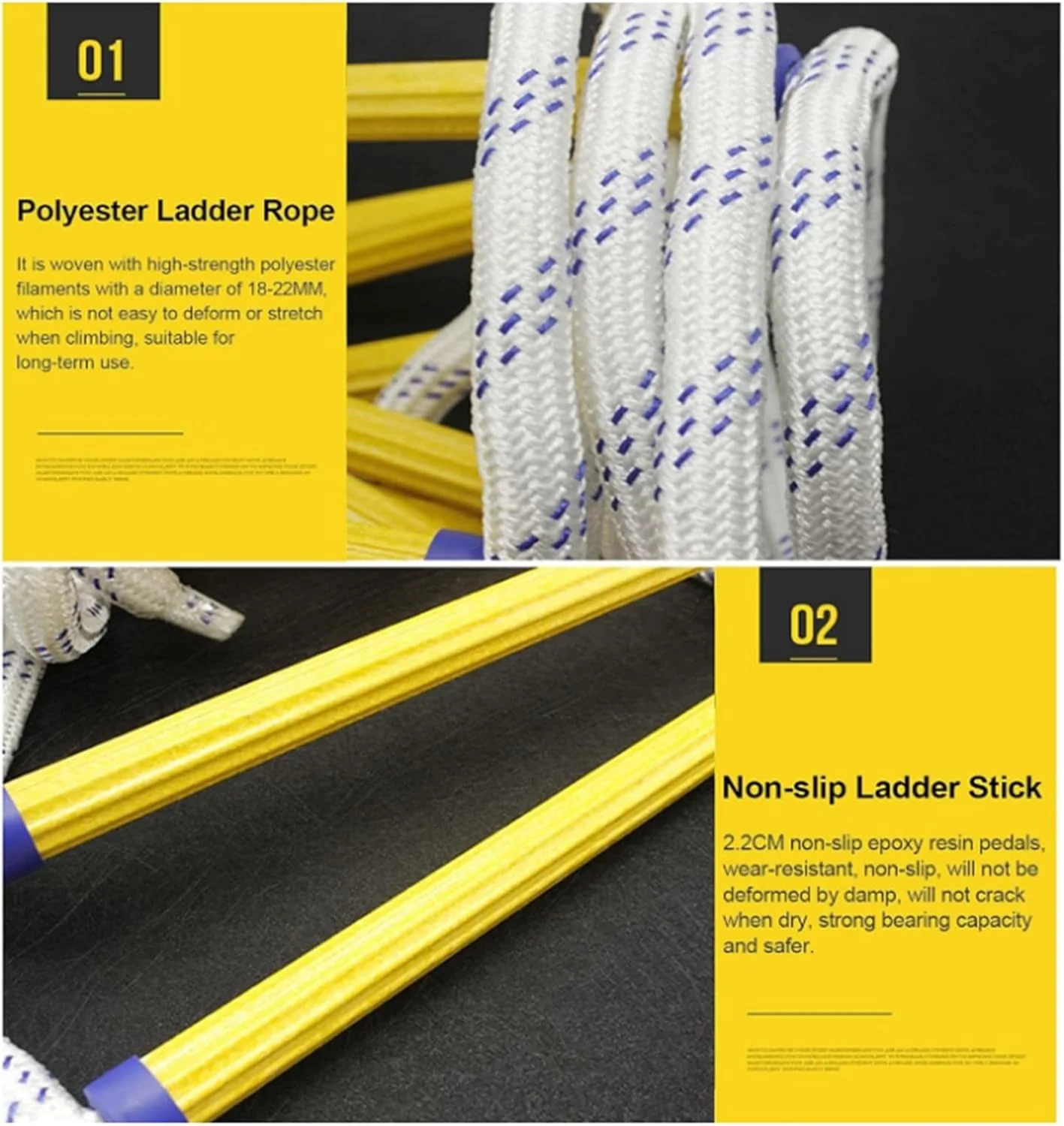 نردبان طنابی فرار از آتش برای پنجره ها و بالکن ها برای استفاده سریع در آتش سوزی، نردبان های ایمنی با کارابین، نردبان های فرار نایلونی فشرده و قابل استفاده مجدد (3 متر)