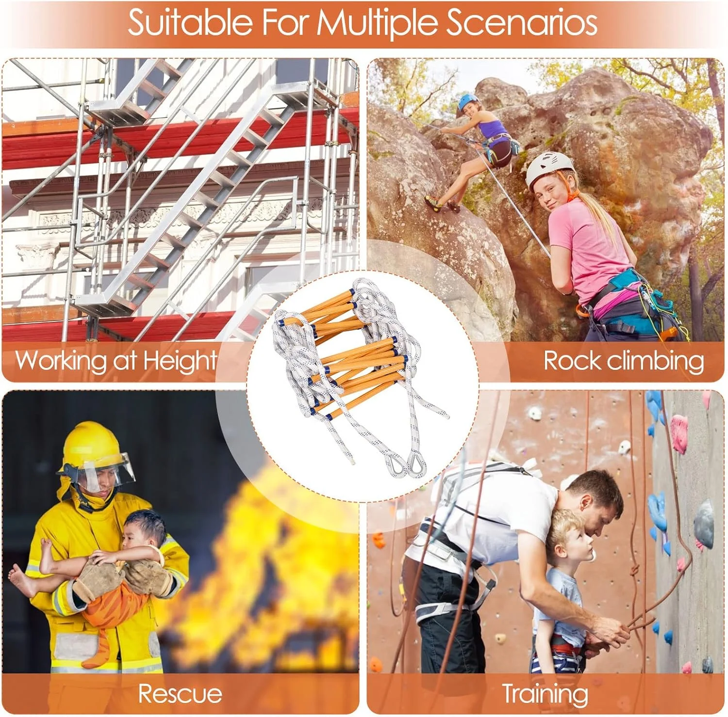 نردبان فرار از آتش، نردبان ایمنی قابل حمل، نردبان اضطراری با پله های ضد لغزش، نردبان طنابی مقاوم در برابر آتش سوزی با قلاب، 10 متر