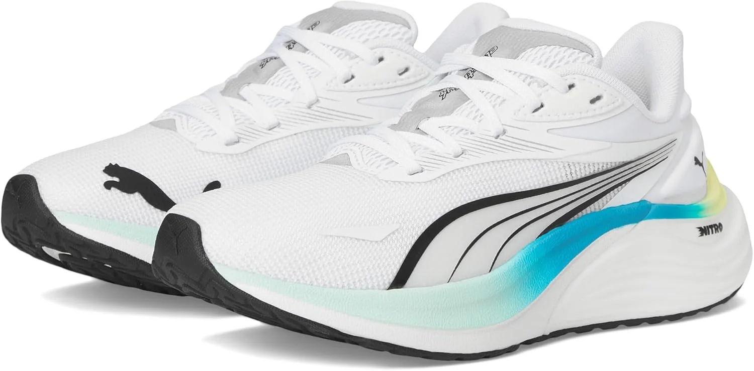 کفش ورزشی پوما الکترایفای نیترو (بچه های بزرگ) مدل یونیسکس، سفید/نعنایی/آبی سرعتی، سایز 5.5 بچه های بزرگ