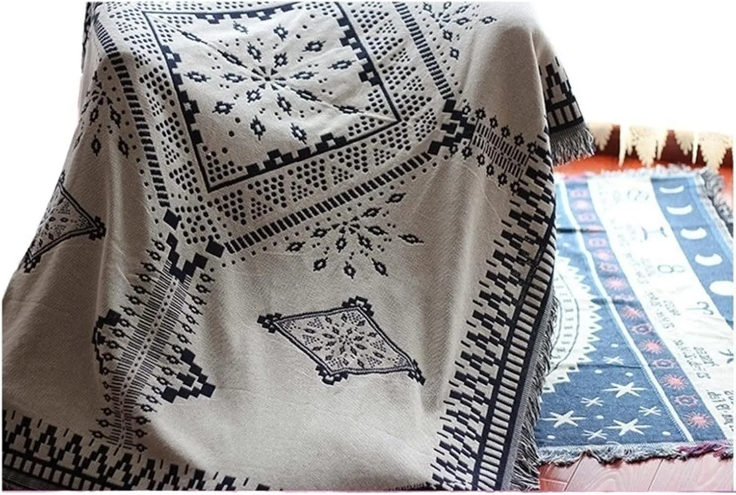 پتوی دونفره YYVVBBF مناسب تخت خواب، پتوی دورو با طرح هندسی، پتوی نخی مبل، پتوی بافتنی ریشه‌دار
