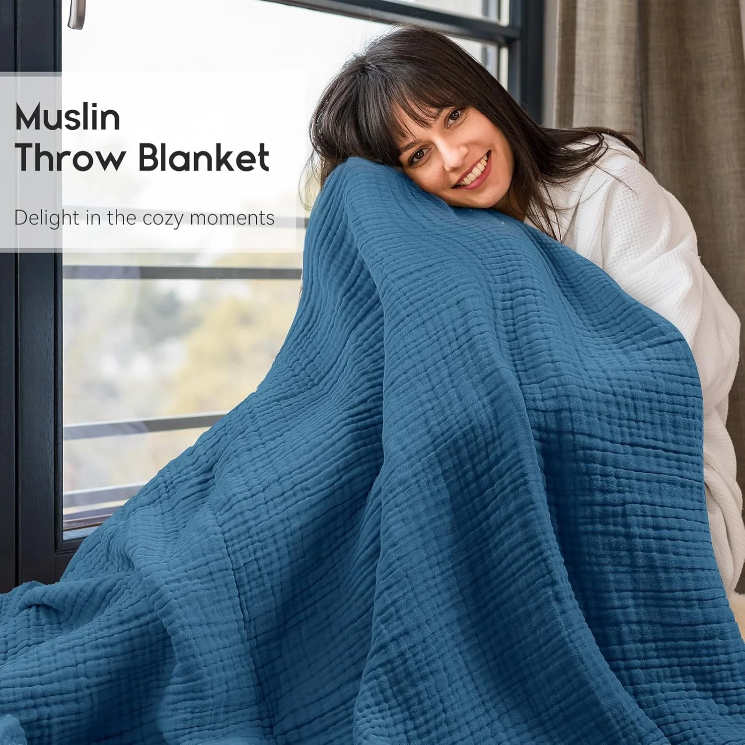 پتوی موسلین Yoofoss، 100% پنبه ارگانیک، سایز بزرگ دو نفره 152x203 سانتی متر، مناسب تخت، مبل، پتوی توری تابستانی برای بزرگسالان، سبک و تنفس پذیر، آبی تیره