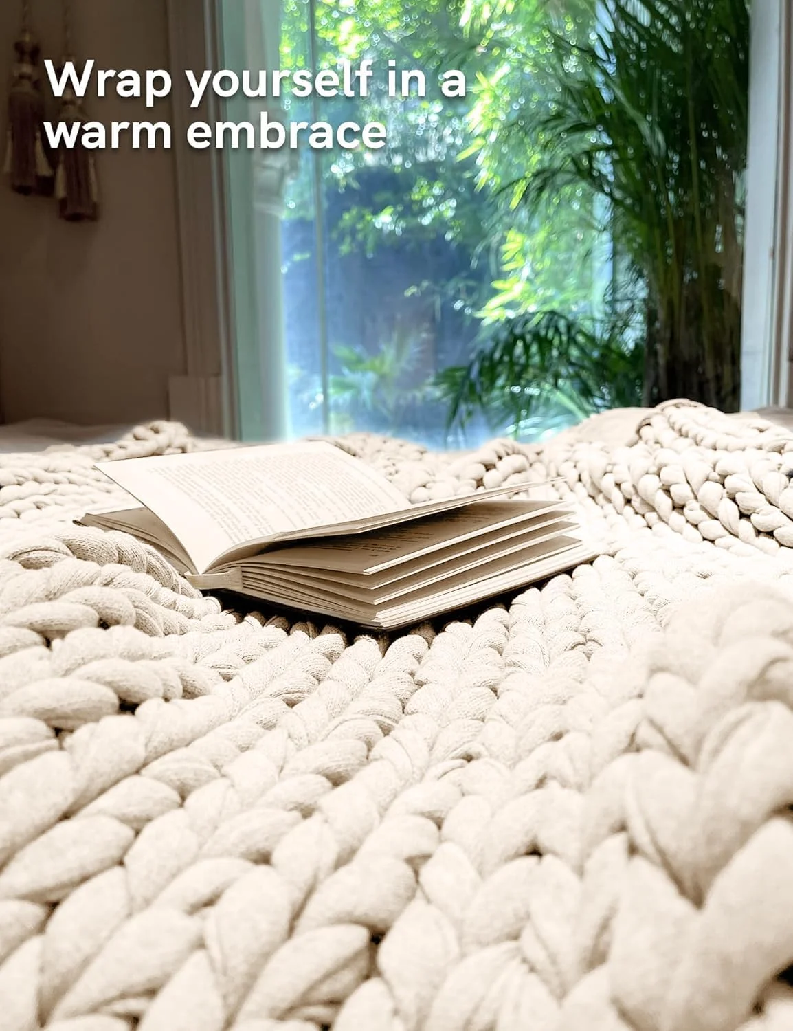 پتوی سنگین پنبه ای YnM، طراحی بافتنی ضخیم دست ساز، نرم و راحت، تنظیم کننده دما و تنفس پذیر، قابل شستشو در ماشین لباسشویی برای خواب یا دکوراسیون منزل (سفید کرمی، 152x203 سانتی متر، 11.3 کیلوگرم)
