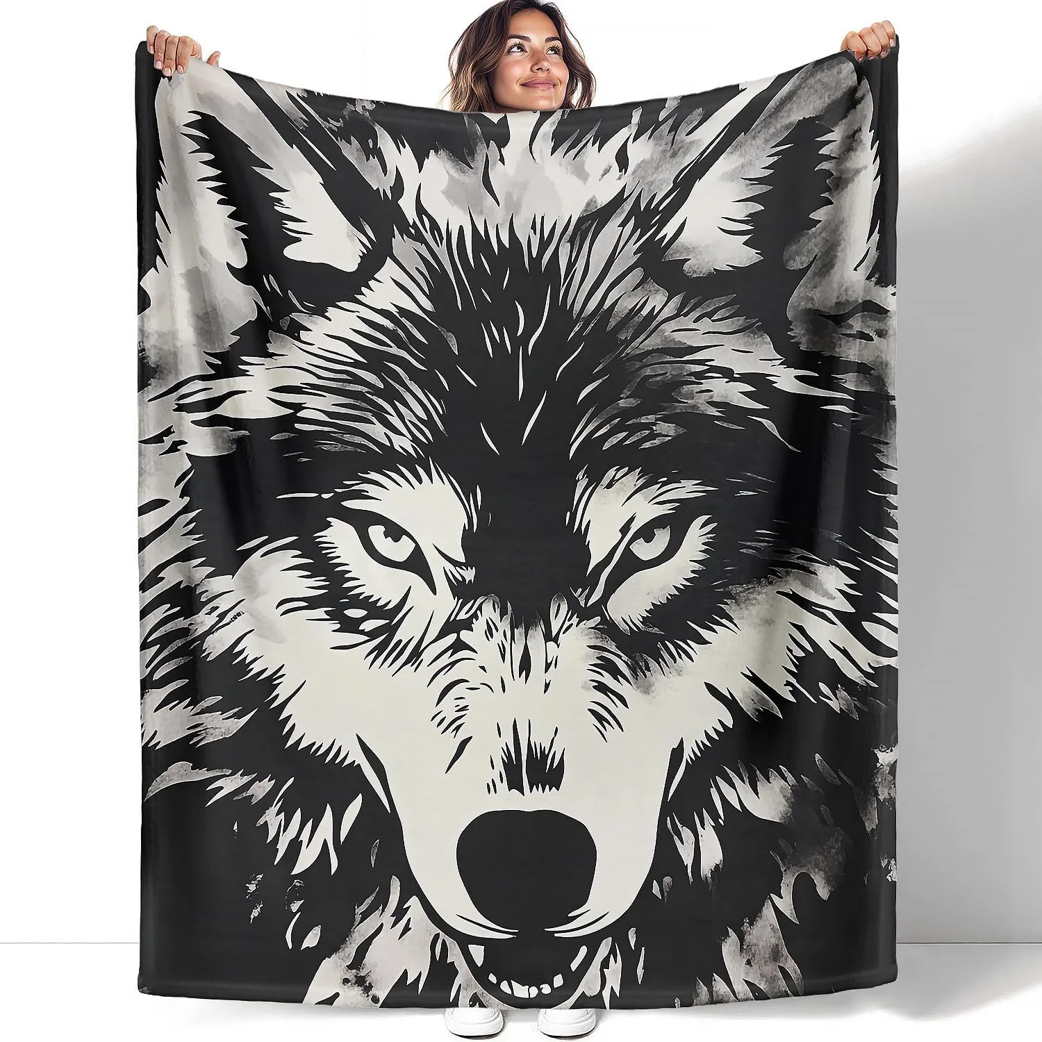 پتوی طرح سر گرگ سیاه و سفید YISUMEI، هدیه ای برای دوستداران حیوانات، مناسب بزرگسالان و کودکان - پتوی پشمی فوق العاده نرم برای تخت، مبل، کمپینگ - 50"x60"