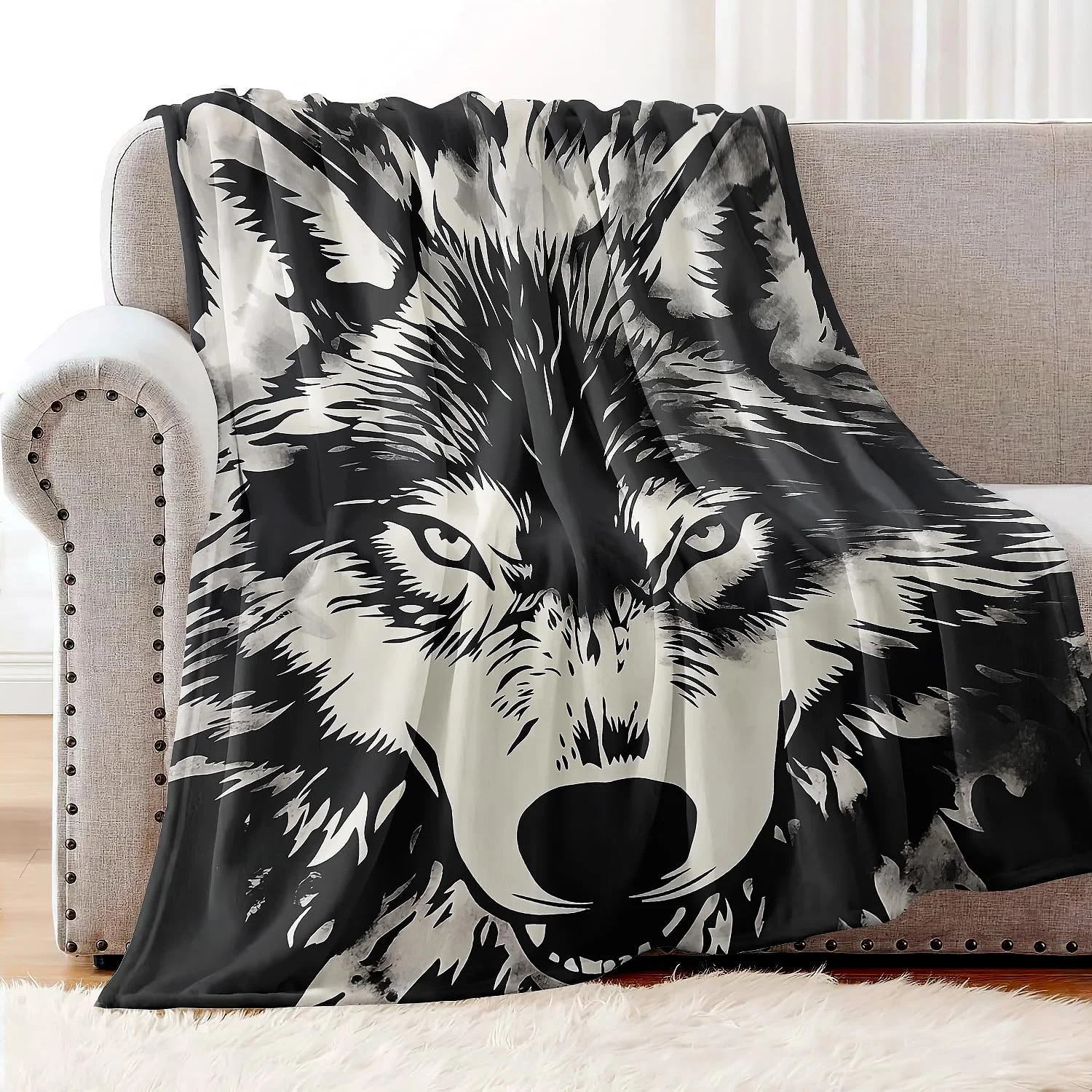 پتوی طرح سر گرگ سیاه و سفید YISUMEI، هدیه ای برای دوستداران حیوانات، مناسب بزرگسالان و کودکان - پتوی پشمی فوق العاده نرم برای تخت، مبل، کمپینگ - 50"x60" پتوی طرح سر گرگ سیاه و سفید YISUMEI، هدیه ای برای دوستداران حیوانات، مناسب بزرگسالان و کودکان - پتوی پشمی فوق العاده نرم برای تخت، مبل، کمپینگ - 50"x60"