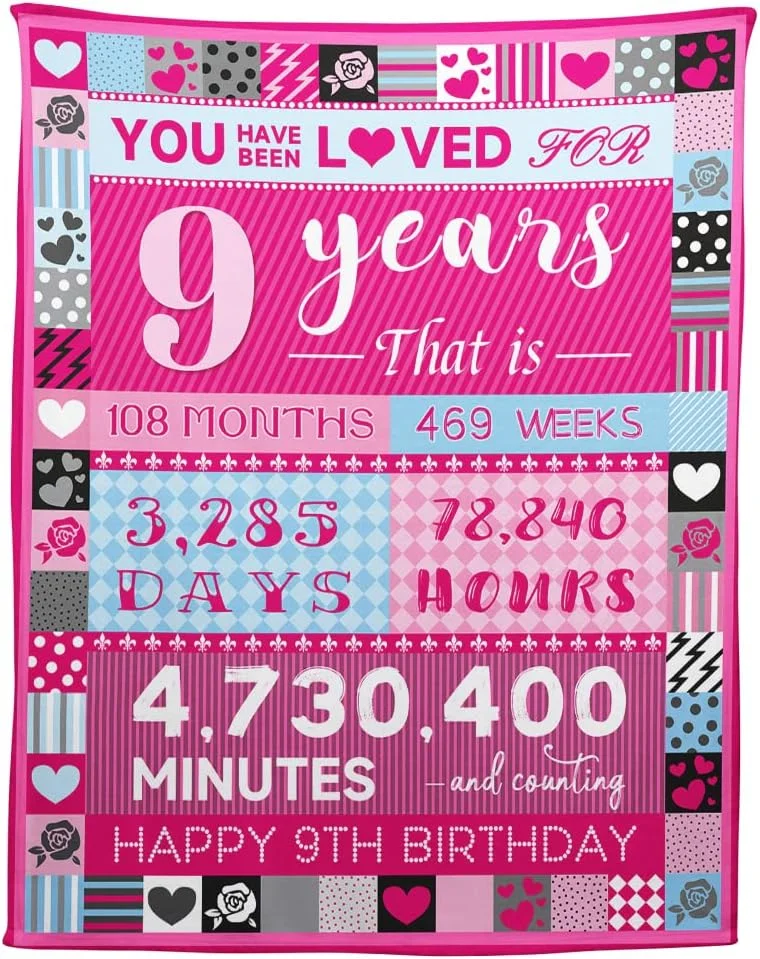 پتو تولد مبارک با طرح گل رز و عشق صورتی YISUMEI، هدیه تولد مناسب برای دختر 9 ساله، دکوراسیون جشن تولد ایده آل برای کودکان، 127x152 سانتی متر