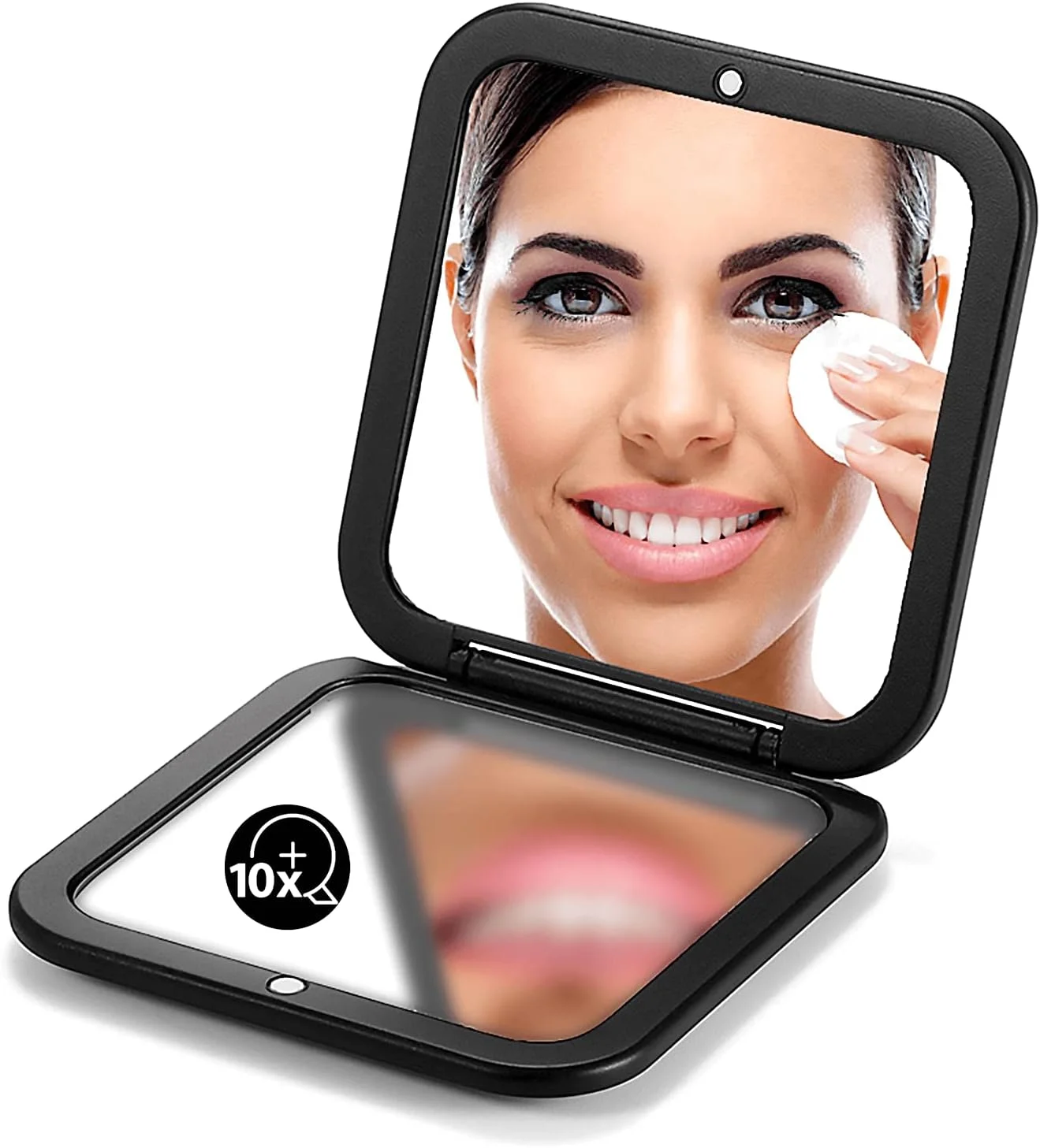 آینه تاشو و جمع و جور OMIRO، بزرگنمایی 1X/10X، آینه دستی مربعی جیبی 3½ اینچی برای آرایش مسافرتی (مشکی)