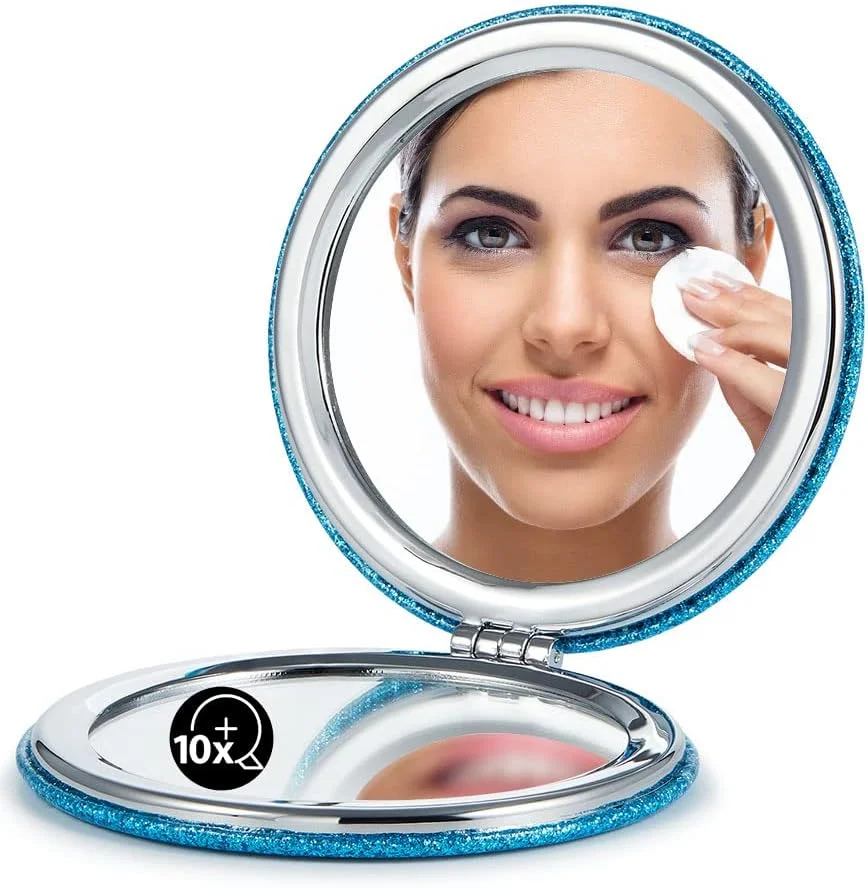 آینه جیبی OMIRO، چرم PU کلاسیک با بزرگنمایی 1X/10X، فوق العاده قابل حمل برای کیف دستی و مسافرت (آبی)