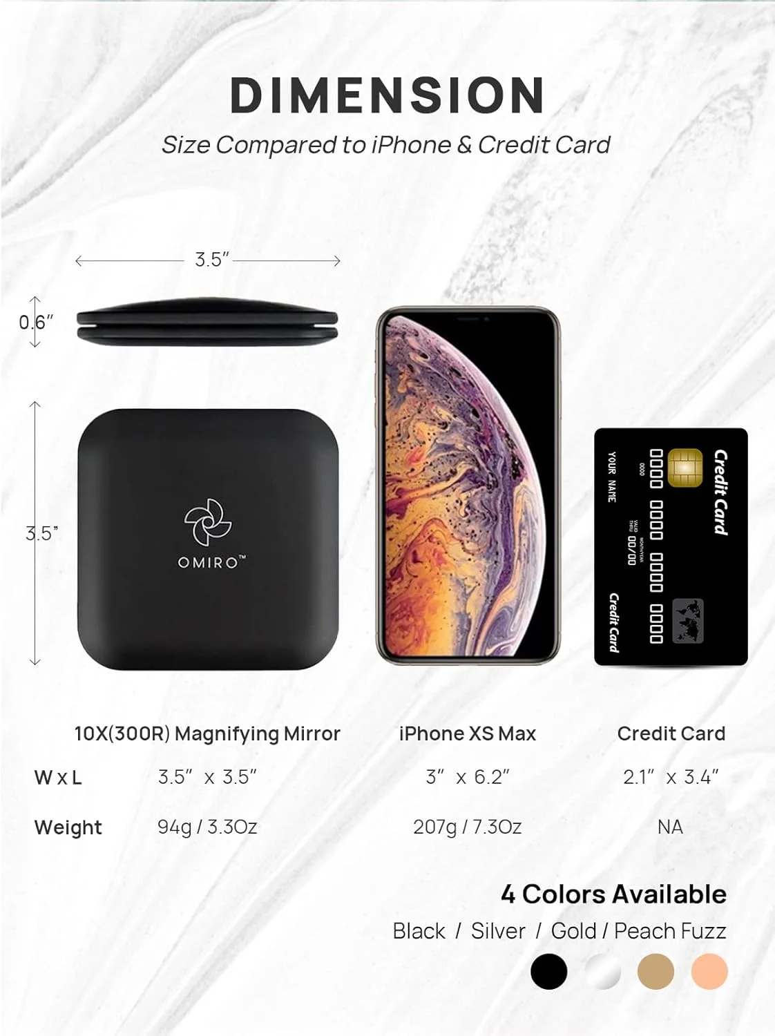 آینه تاشو و جمع و جور OMIRO، بزرگنمایی 1X/10X، آینه دستی مربعی جیبی 3½ اینچی برای آرایش مسافرتی (مشکی)