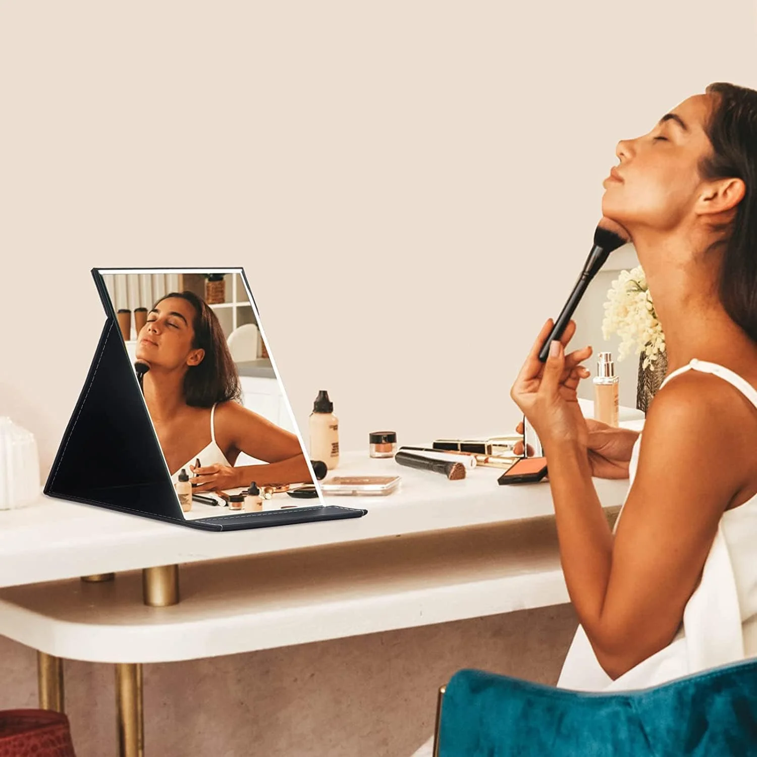 آینه مسافرتی تاشو OLWICK®، آینه آرایشی مستطیلی قابل تنظیم و فوق العاده نازک PU قابل حمل، برای مسافرت، کمپینگ، خانه، 17Lx12W سانتی متر، (مشکی - بسته 1 عددی)