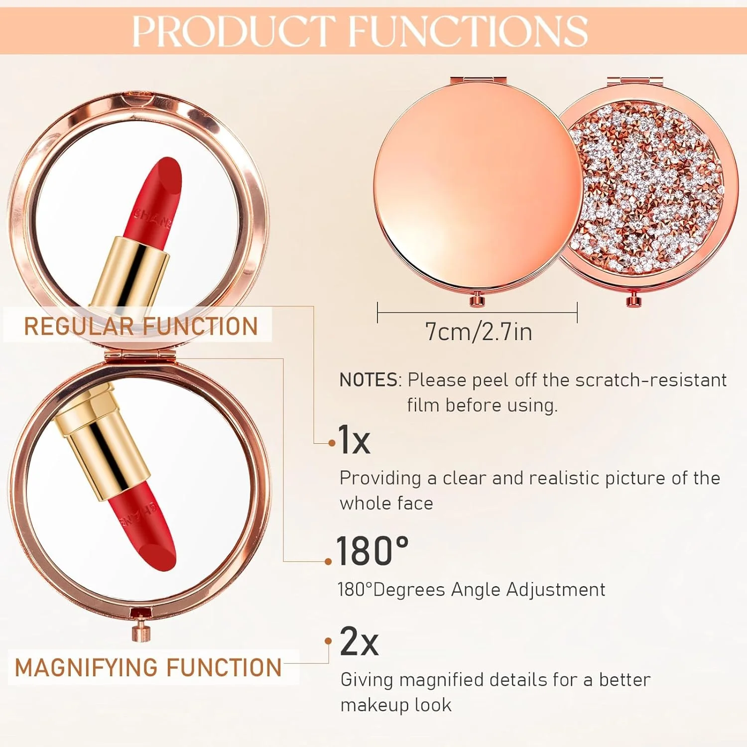 آینه آرایشی دو طرفه تاشو جیبی الماسی OJMHD، بسته 12 عددی، بزرگنمایی 1X / 2X، مناسب کیف دستی، آینه کوچک تاشو با الماس برای مسافرت، هدیه ساقدوش عروس، رنگ رزگلد، مخصوص دختران و زنان