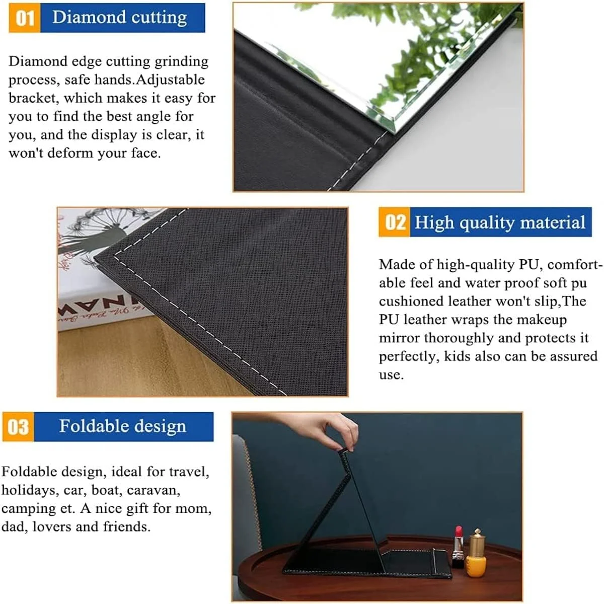 آینه مسافرتی تاشو OLWICK®، آینه آرایشی مستطیلی قابل تنظیم و فوق العاده نازک PU قابل حمل، برای مسافرت، کمپینگ، خانه، 17Lx12W سانتی متر، (مشکی - بسته 1 عددی)