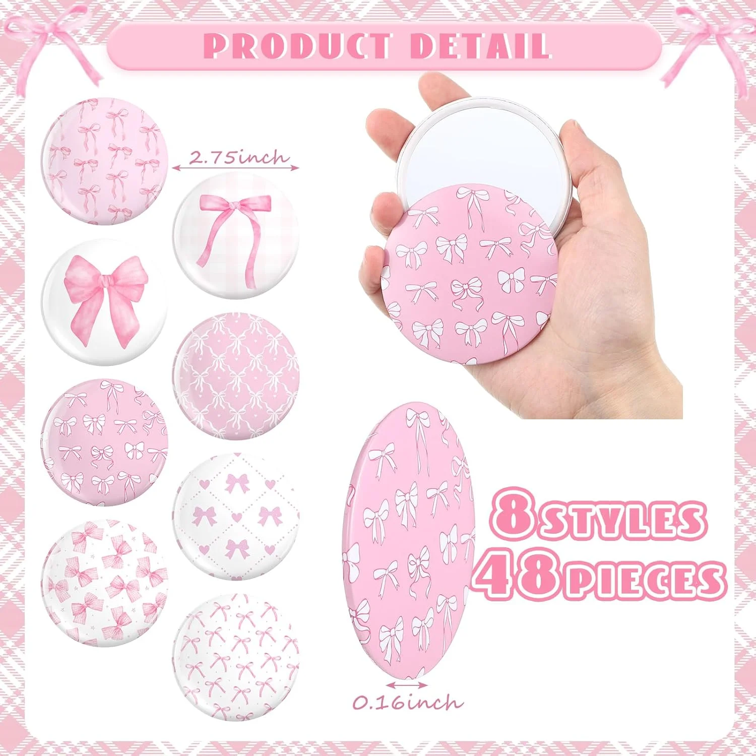 آینه جیبی کوچک طرح پاپیون صورتی نامالو، بسته 48 عددی، هدیه ای الهام بخش برای زنان، آینه آرایشی گرد قابل حمل برای کیف، مناسب مهمانی (طرح زیبا)