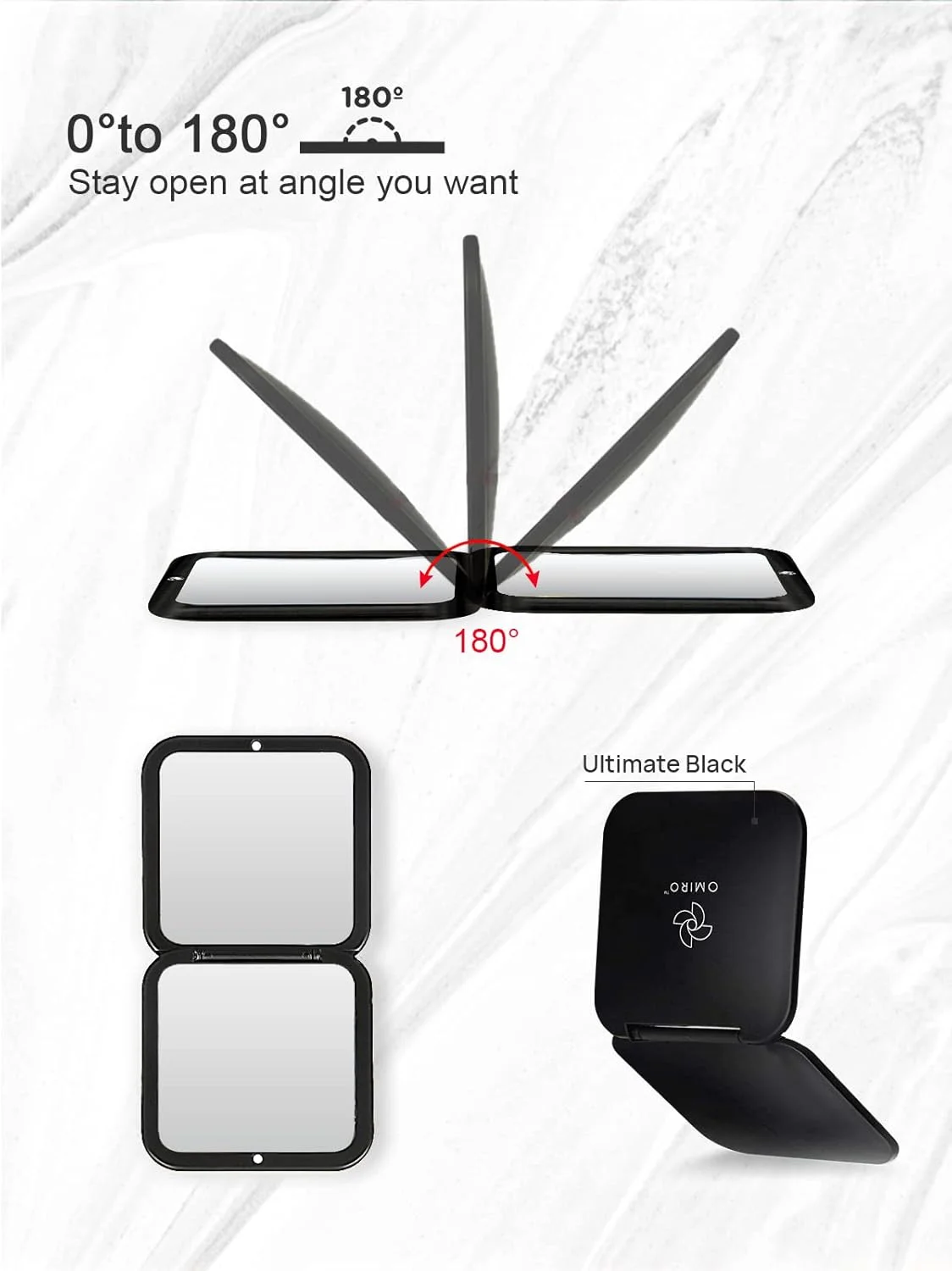 آینه تاشو و جمع و جور OMIRO، بزرگنمایی 1X/10X، آینه دستی مربعی جیبی 3½ اینچی برای آرایش مسافرتی (مشکی)