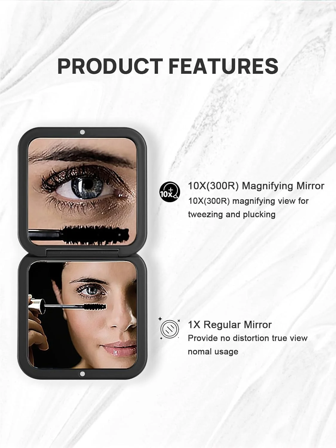 آینه تاشو و جمع و جور OMIRO، بزرگنمایی 1X/10X، آینه دستی مربعی جیبی 3½ اینچی برای آرایش مسافرتی (مشکی)
