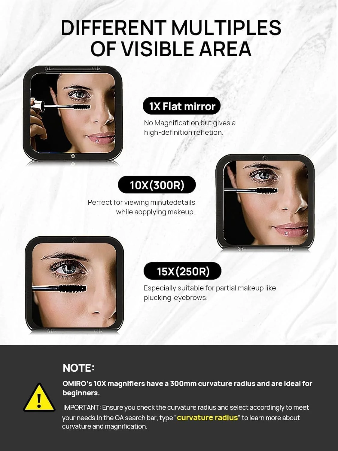 آینه تاشو و جمع و جور OMIRO، بزرگنمایی 1X/10X، آینه دستی مربعی جیبی 3½ اینچی برای آرایش مسافرتی (مشکی)