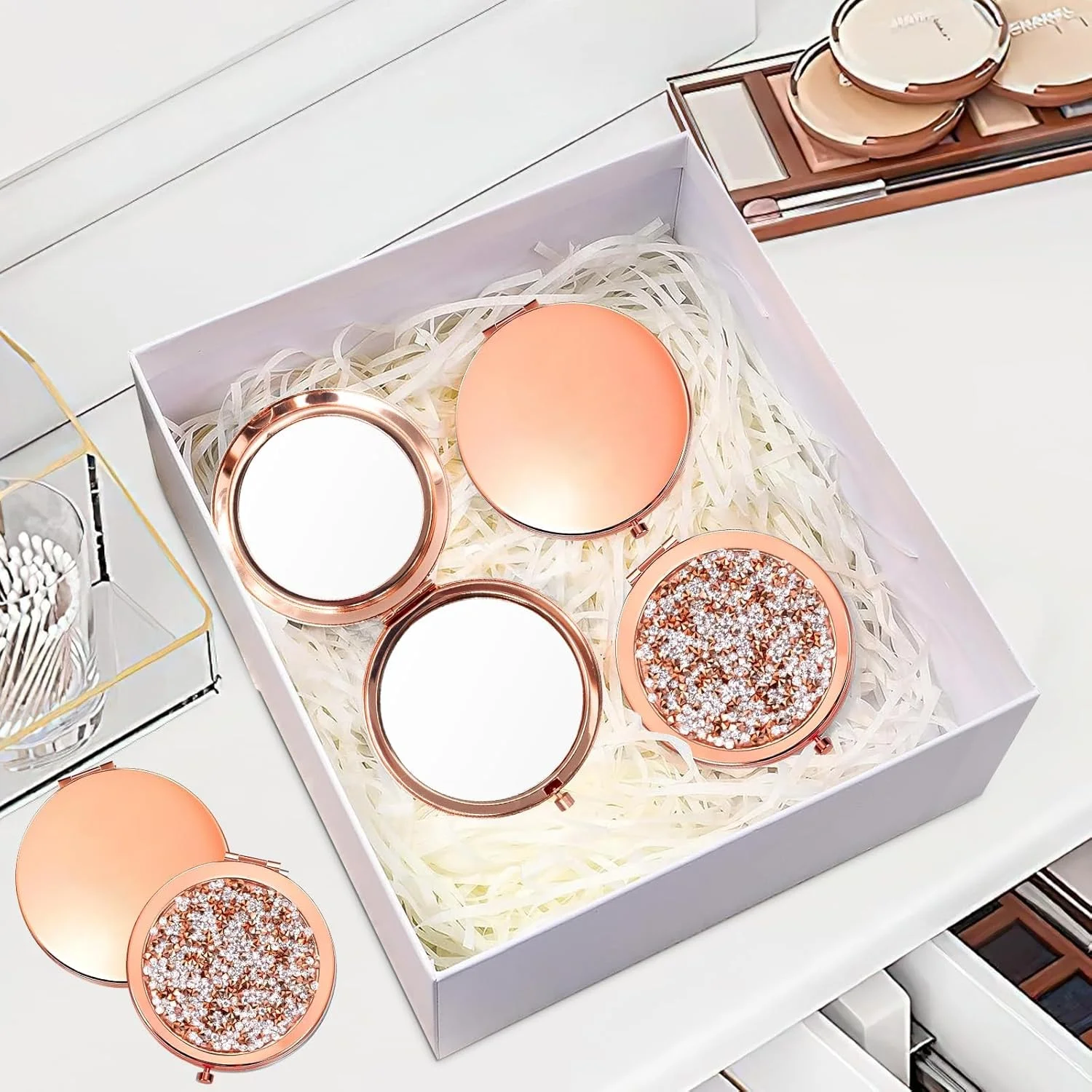 آینه آرایشی دو طرفه تاشو جیبی الماسی OJMHD، بسته 12 عددی، بزرگنمایی 1X / 2X، مناسب کیف دستی، آینه کوچک تاشو با الماس برای مسافرت، هدیه ساقدوش عروس، رنگ رزگلد، مخصوص دختران و زنان