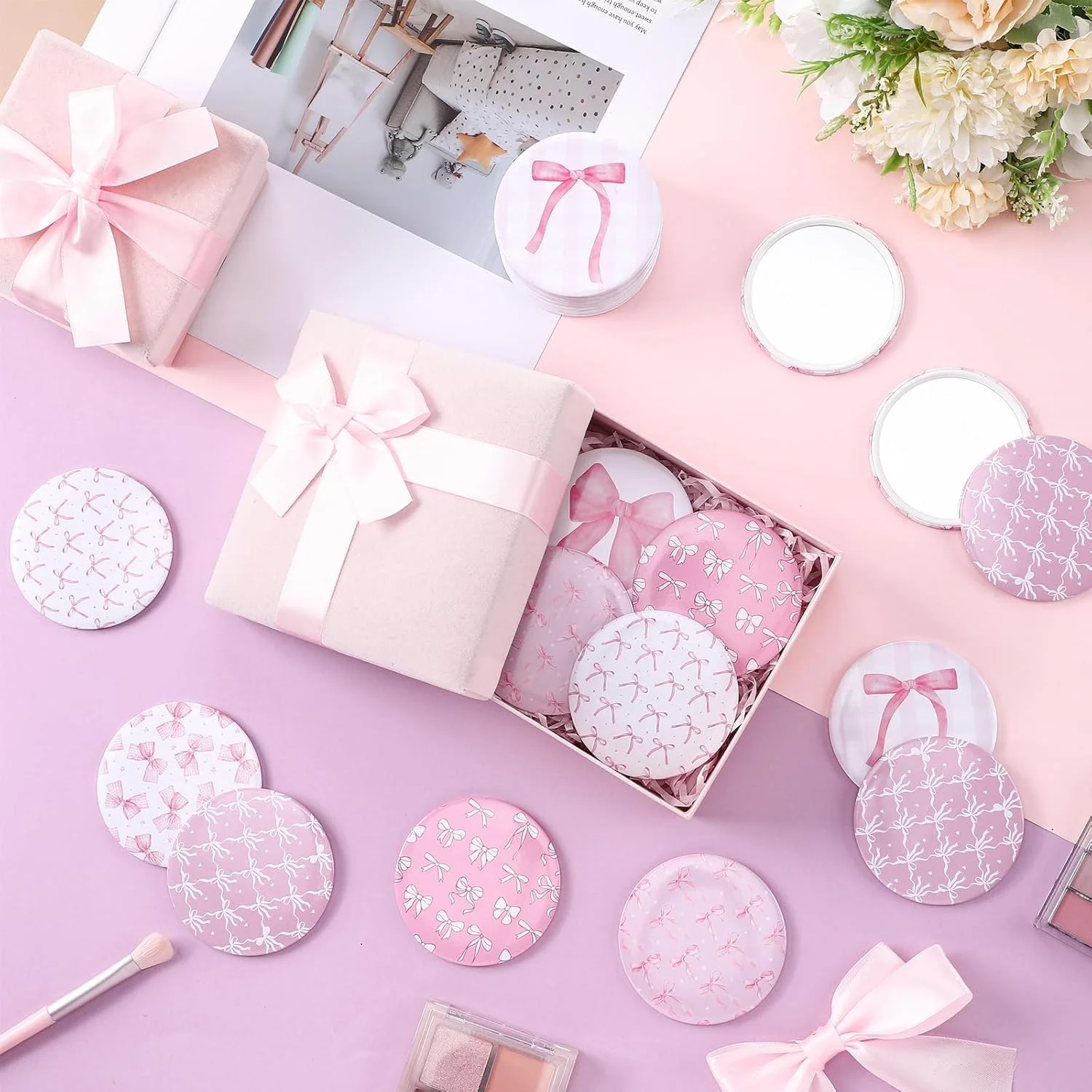 آینه جیبی کوچک طرح پاپیون صورتی نامالو، بسته 48 عددی، هدیه ای الهام بخش برای زنان، آینه آرایشی گرد قابل حمل برای کیف، مناسب مهمانی (طرح زیبا)