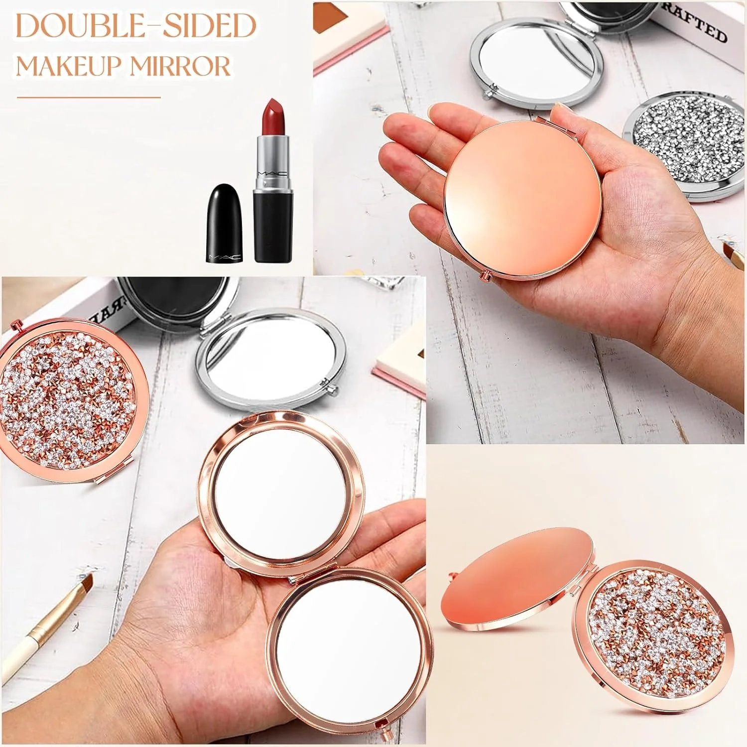 آینه آرایشی دو طرفه تاشو جیبی الماسی OJMHD، بسته 12 عددی، بزرگنمایی 1X / 2X، مناسب کیف دستی، آینه کوچک تاشو با الماس برای مسافرت، هدیه ساقدوش عروس، رنگ رزگلد، مخصوص دختران و زنان