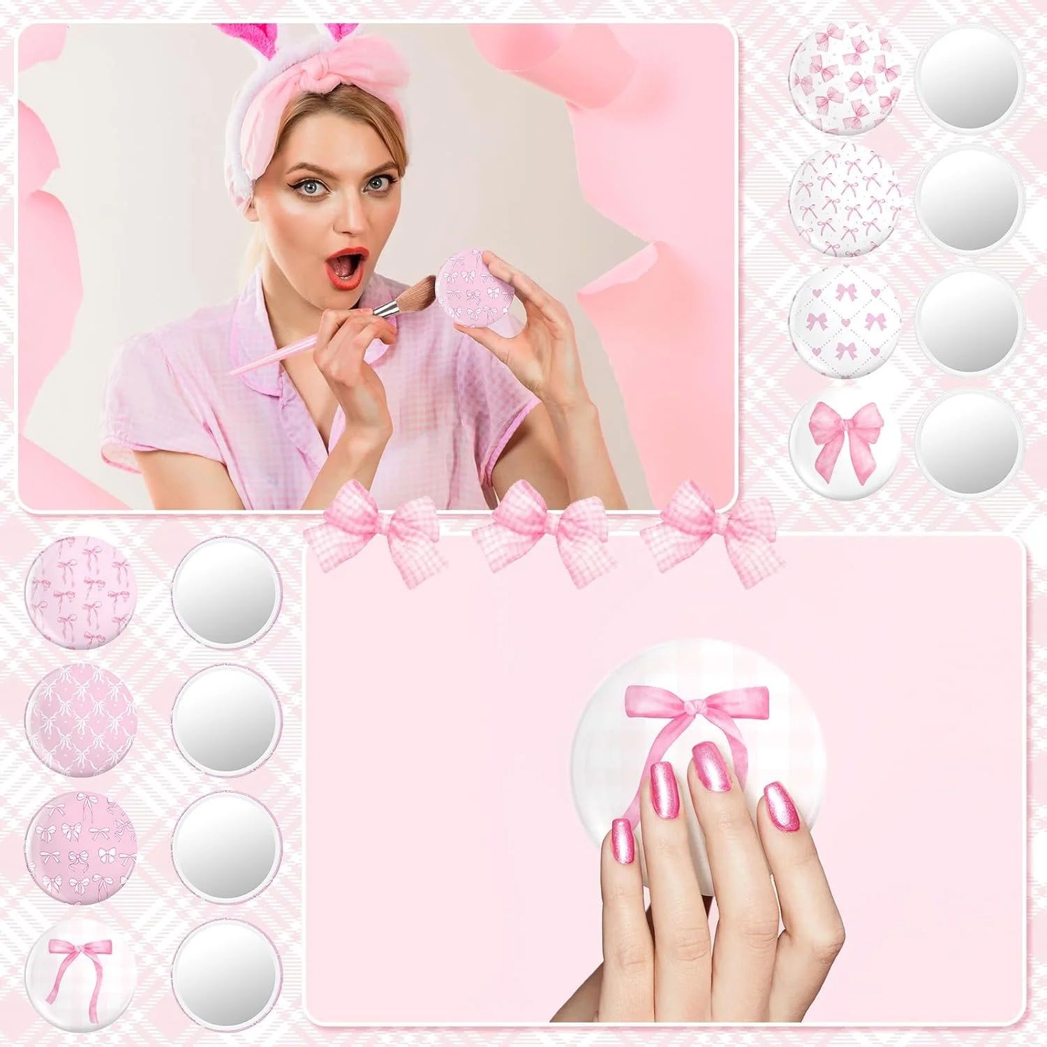 آینه جیبی کوچک طرح پاپیون صورتی نامالو، بسته 48 عددی، هدیه ای الهام بخش برای زنان، آینه آرایشی گرد قابل حمل برای کیف، مناسب مهمانی (طرح زیبا)