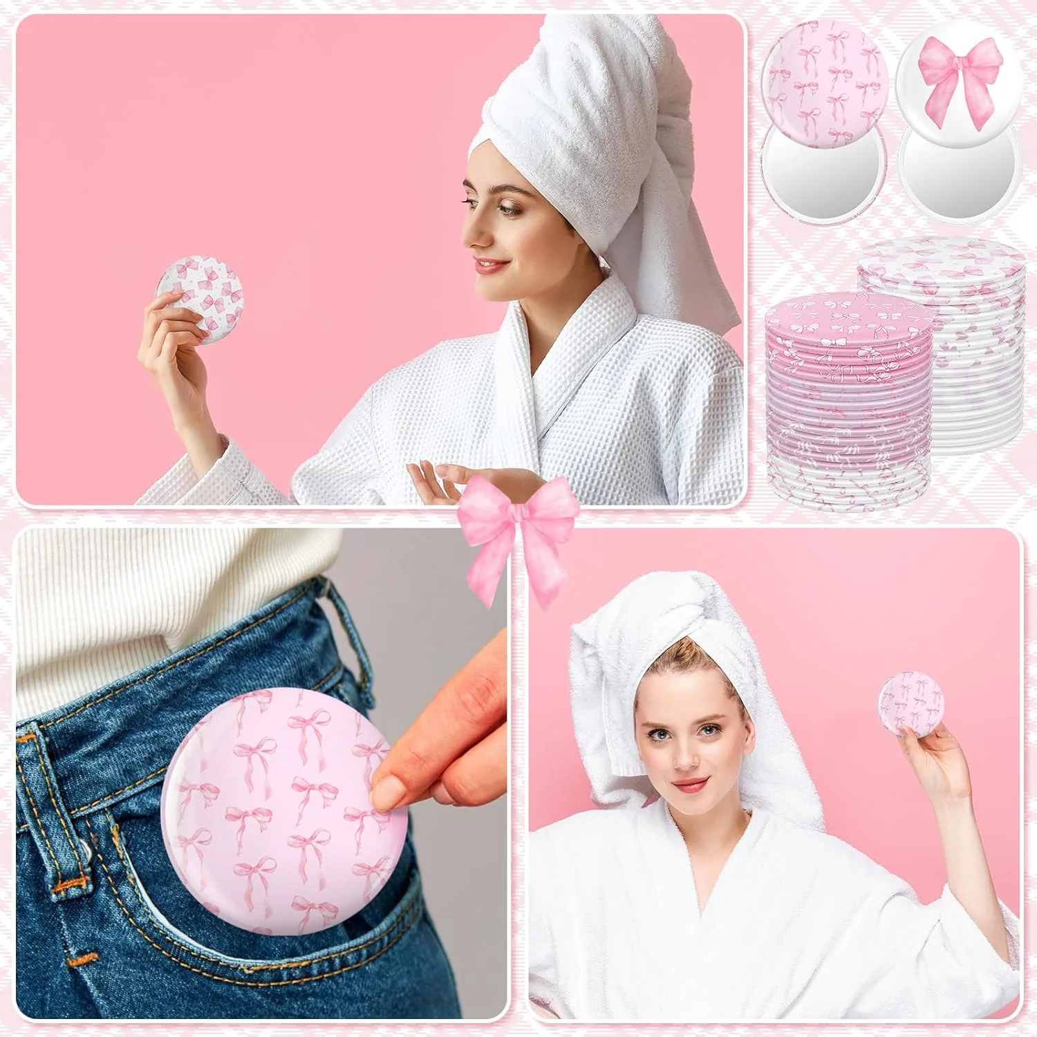 آینه جیبی کوچک طرح پاپیون صورتی نامالو، بسته 48 عددی، هدیه ای الهام بخش برای زنان، آینه آرایشی گرد قابل حمل برای کیف، مناسب مهمانی (طرح زیبا)