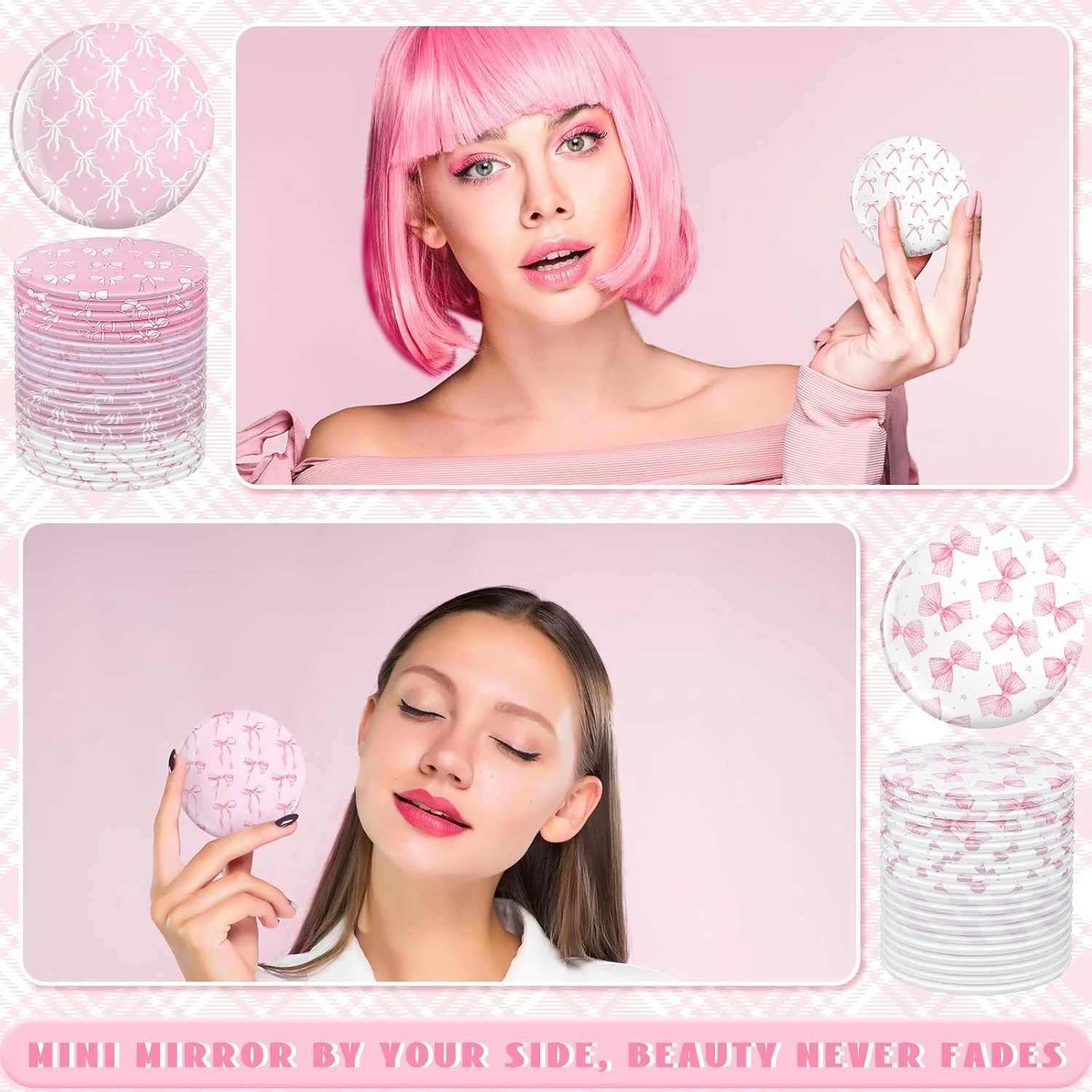 آینه جیبی کوچک طرح پاپیون صورتی نامالو، بسته 48 عددی، هدیه ای الهام بخش برای زنان، آینه آرایشی گرد قابل حمل برای کیف، مناسب مهمانی (طرح زیبا)