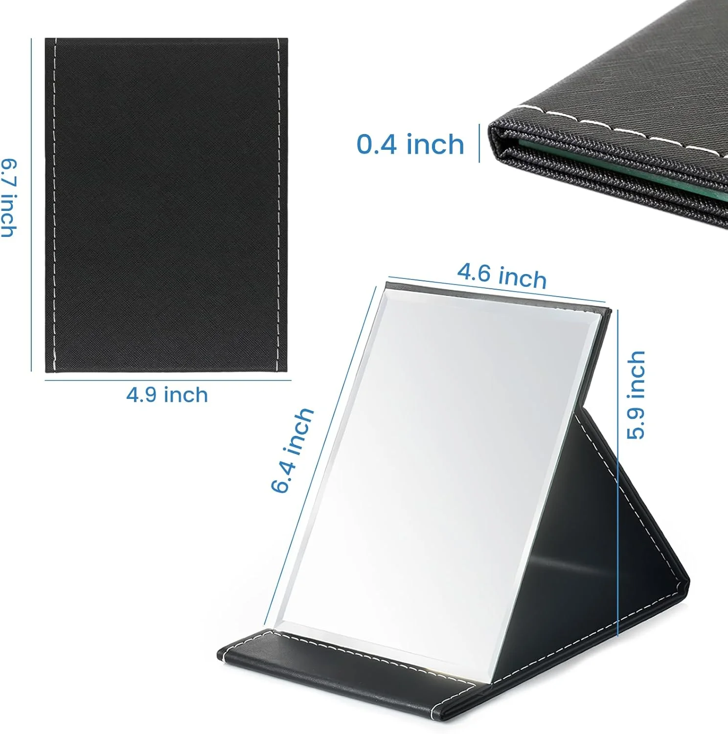 آینه تاشو قابل حمل OWLKELA، 16x12 سانتی متر، آینه آرایشی فشرده فوق العاده HD، آینه مسافرتی چرمی PU مشکی، آینه های رومیزی ایستاده، آینه تاشو رومیزی