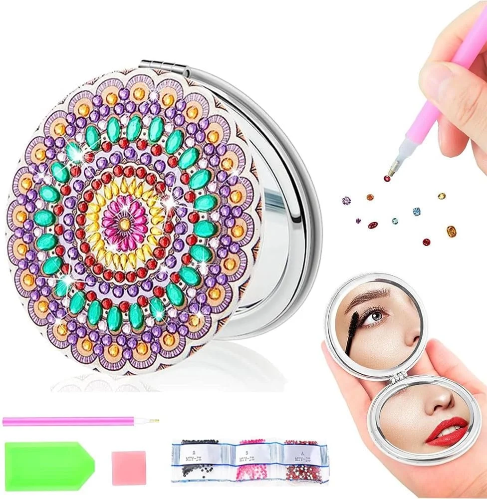 آینه جیبی تاشو با طرح جغد و نقاشی الماس، آینه دو طرفه با طرح ماندالا، مناسب آرایش، هدیه برای بانوان و دختران (2)