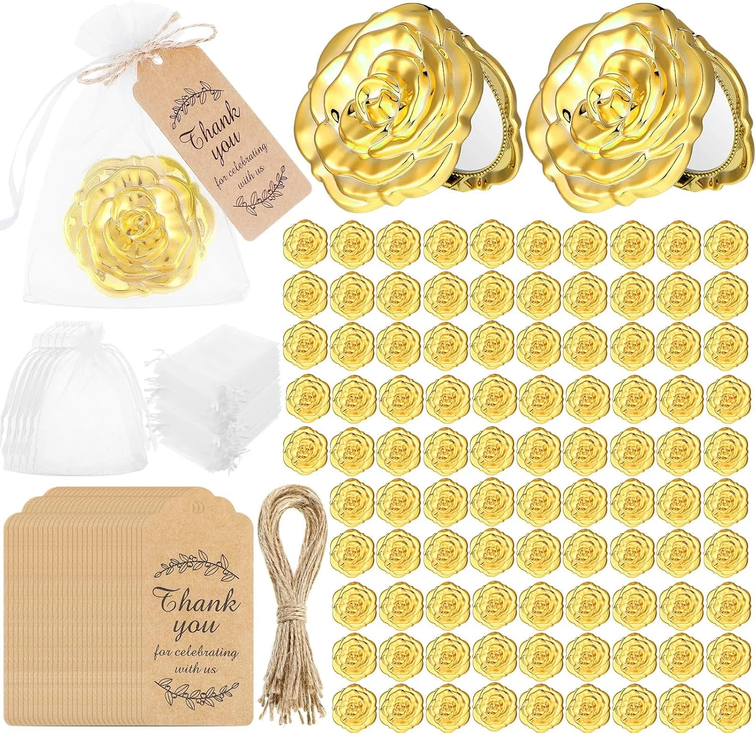 ست 96 عددی آینه جیبی رز، مناسب گیفت مهمانی عروسی، شامل آینه های طرح گل رز، تگ های تشکر، نخ کنفی و کیسه های ارگانزا سفید برای یادگاری به مهمانان (طلایی)