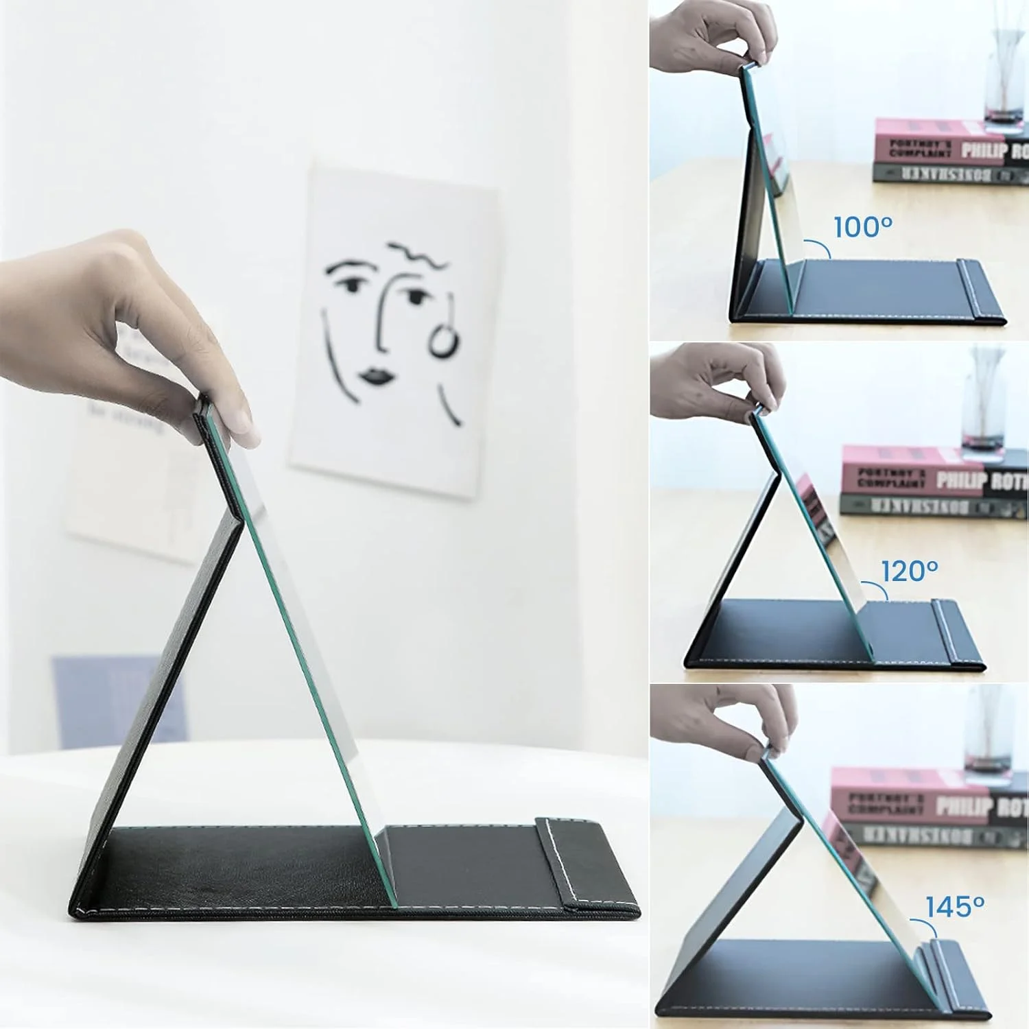 آینه تاشو قابل حمل OWLKELA، 16x12 سانتی متر، آینه آرایشی فشرده فوق العاده HD، آینه مسافرتی چرمی PU مشکی، آینه های رومیزی ایستاده، آینه تاشو رومیزی