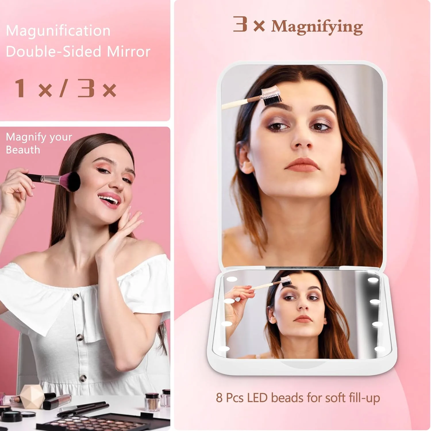 آینه جیبی فشرده با نور و حروف اول سفارشی، آینه های جیبی ال ای دی هدیه ای شیک، آینه مسافرتی بزرگنمایی 1X/3X، آینه کوچک تاشو برای کیف پول، آینه های آرایشی قابل حمل برای دختران/مادر/نوجوان