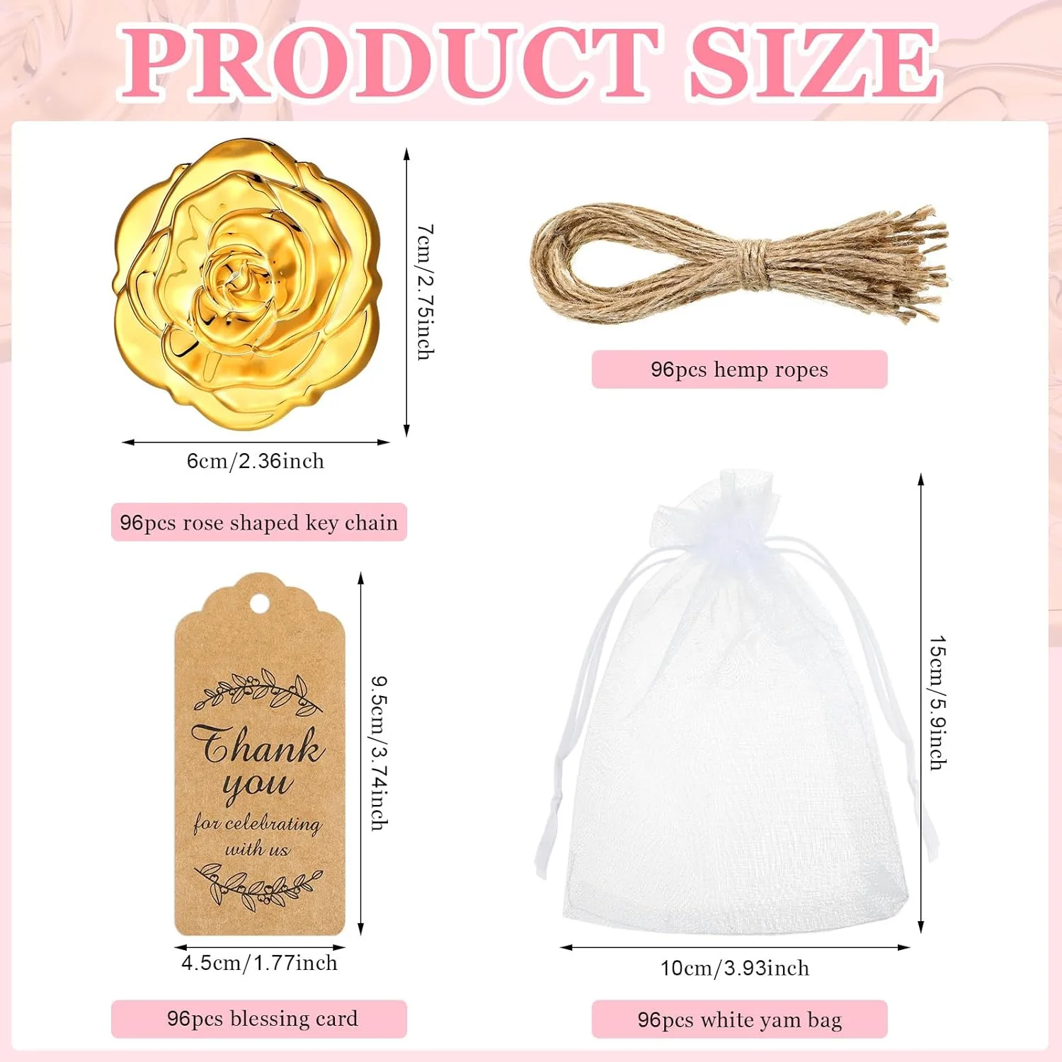 ست 96 عددی آینه جیبی رز، مناسب گیفت مهمانی عروسی، شامل آینه های طرح گل رز، تگ های تشکر، نخ کنفی و کیسه های ارگانزا سفید برای یادگاری به مهمانان (طلایی)