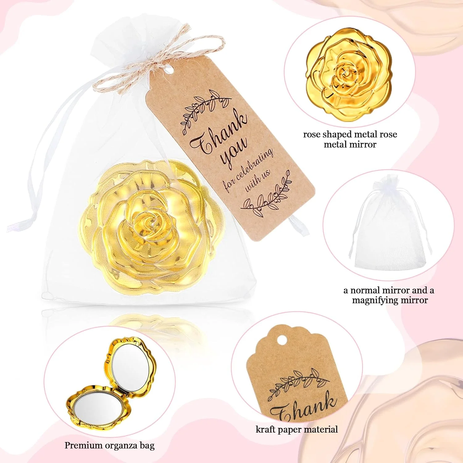 ست 96 عددی آینه جیبی رز، مناسب گیفت مهمانی عروسی، شامل آینه های طرح گل رز، تگ های تشکر، نخ کنفی و کیسه های ارگانزا سفید برای یادگاری به مهمانان (طلایی)