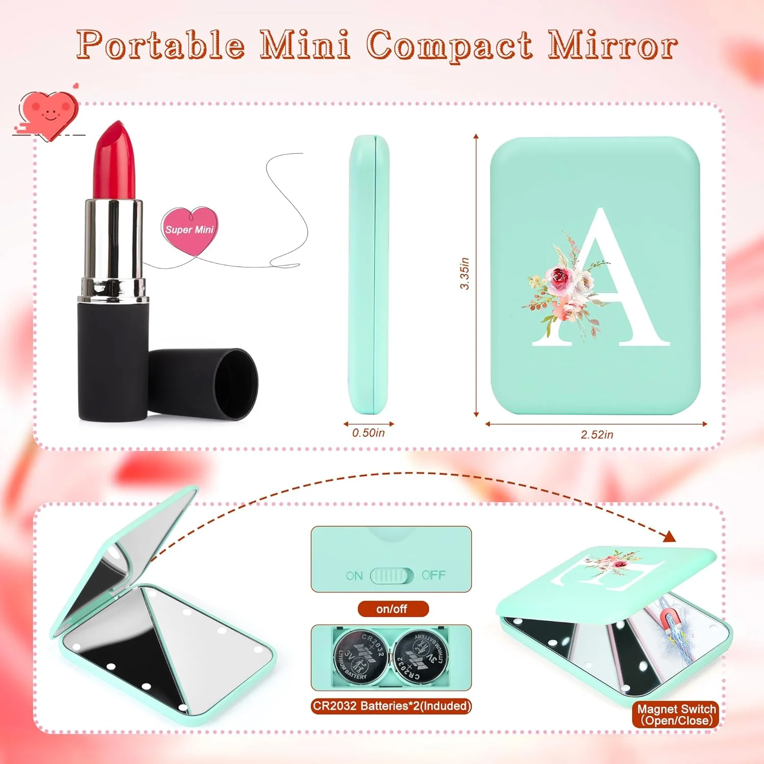 آینه جیبی فشرده با نور و حروف اول سفارشی، آینه های جیبی ال ای دی هدیه ای شیک، آینه مسافرتی بزرگنمایی 1X/3X، آینه کوچک تاشو برای کیف پول، آینه های آرایشی قابل حمل برای دختران/مادر/نوجوان