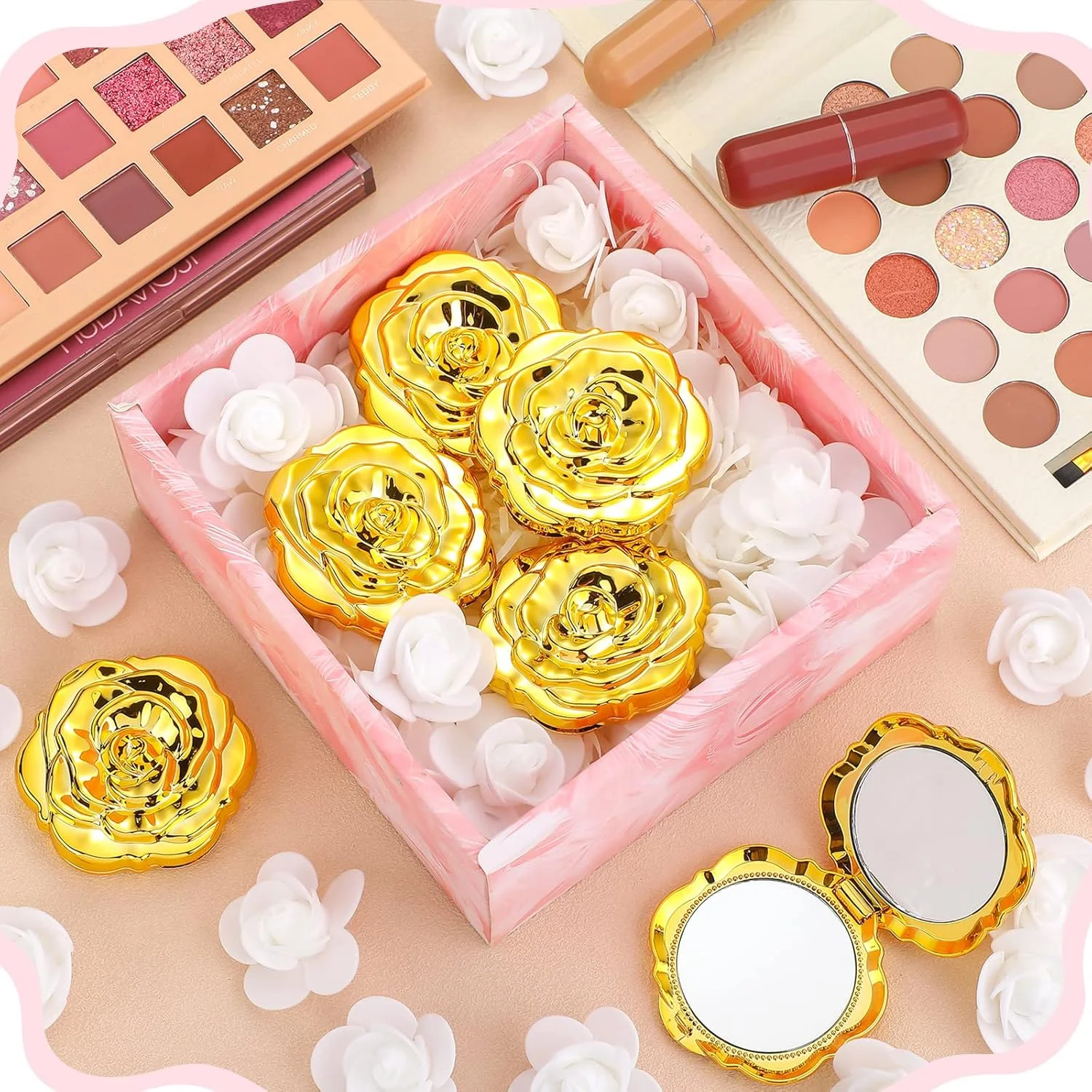 ست 96 عددی آینه جیبی رز، مناسب گیفت مهمانی عروسی، شامل آینه های طرح گل رز، تگ های تشکر، نخ کنفی و کیسه های ارگانزا سفید برای یادگاری به مهمانان (طلایی)