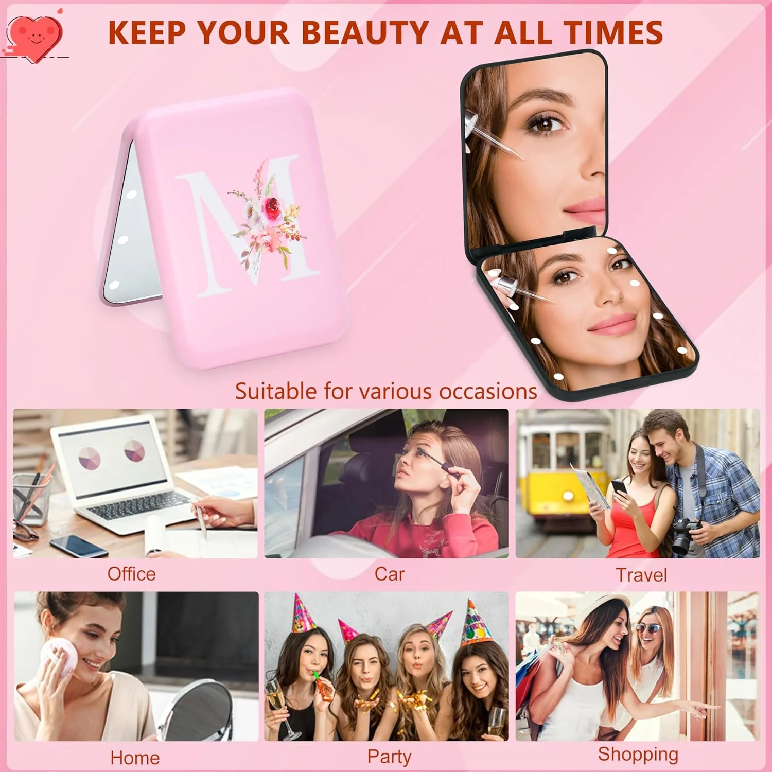 آینه جیبی فشرده با نور و حروف اول سفارشی، آینه های جیبی ال ای دی هدیه ای شیک، آینه مسافرتی بزرگنمایی 1X/3X، آینه کوچک تاشو برای کیف پول، آینه های آرایشی قابل حمل برای دختران/مادر/نوجوان