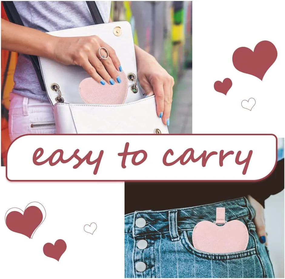 آینه جیبی استیل ضد زنگ اسنومل، آینه نشکن قلبی شکل با روکش چرمی PU، آینه کوچک قابل حمل برای کیف آرایش مسافرتی، مناسب برای زنان و دختران، صورتی