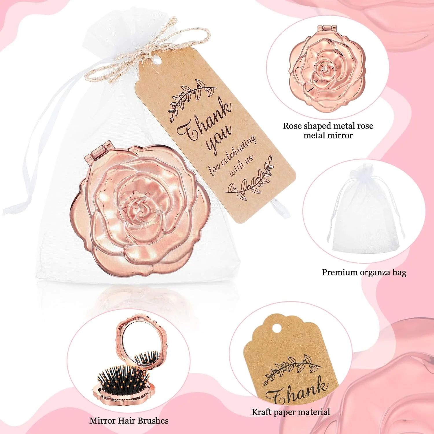 مجموعه 24 عددی آینه جیبی تاشو و برس مو Singhoow طرح گل رز، هدیه مهمانی کیینسانیرا، آینه مسافرتی، هدیه تشکر برای مهمانان، هدیه دسته جمعی برای جشن تولد 16 سالگی، هدیه جشن عروسی و نامزدی (طلایی رز)