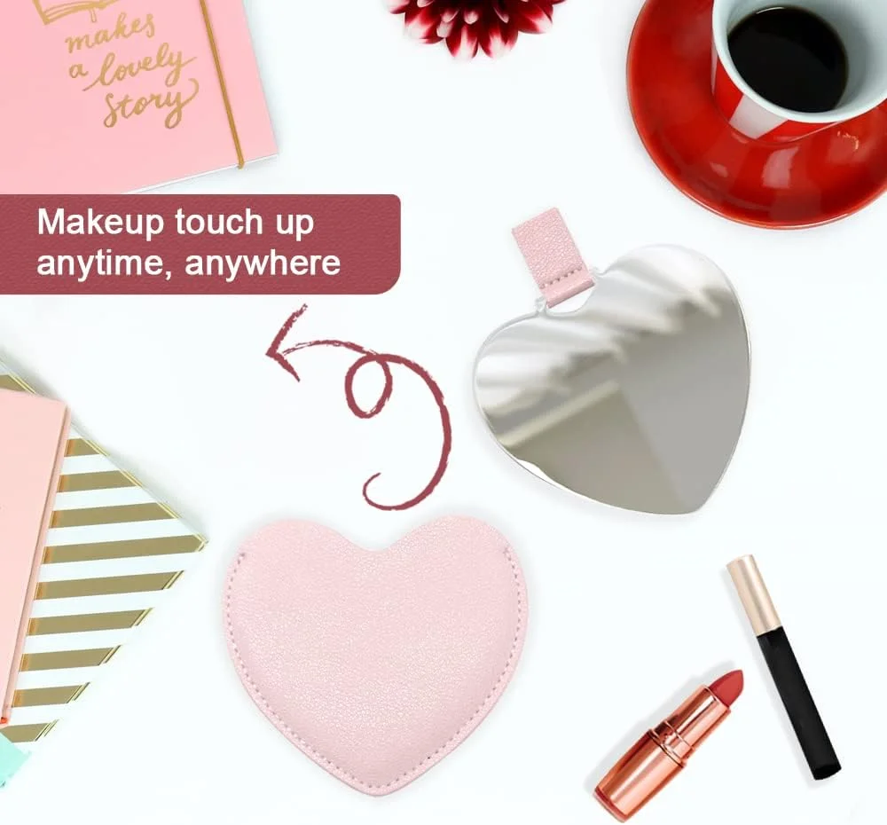 آینه جیبی استیل ضد زنگ اسنومل، آینه نشکن قلبی شکل با روکش چرمی PU، آینه کوچک قابل حمل برای کیف آرایش مسافرتی، مناسب برای زنان و دختران، صورتی