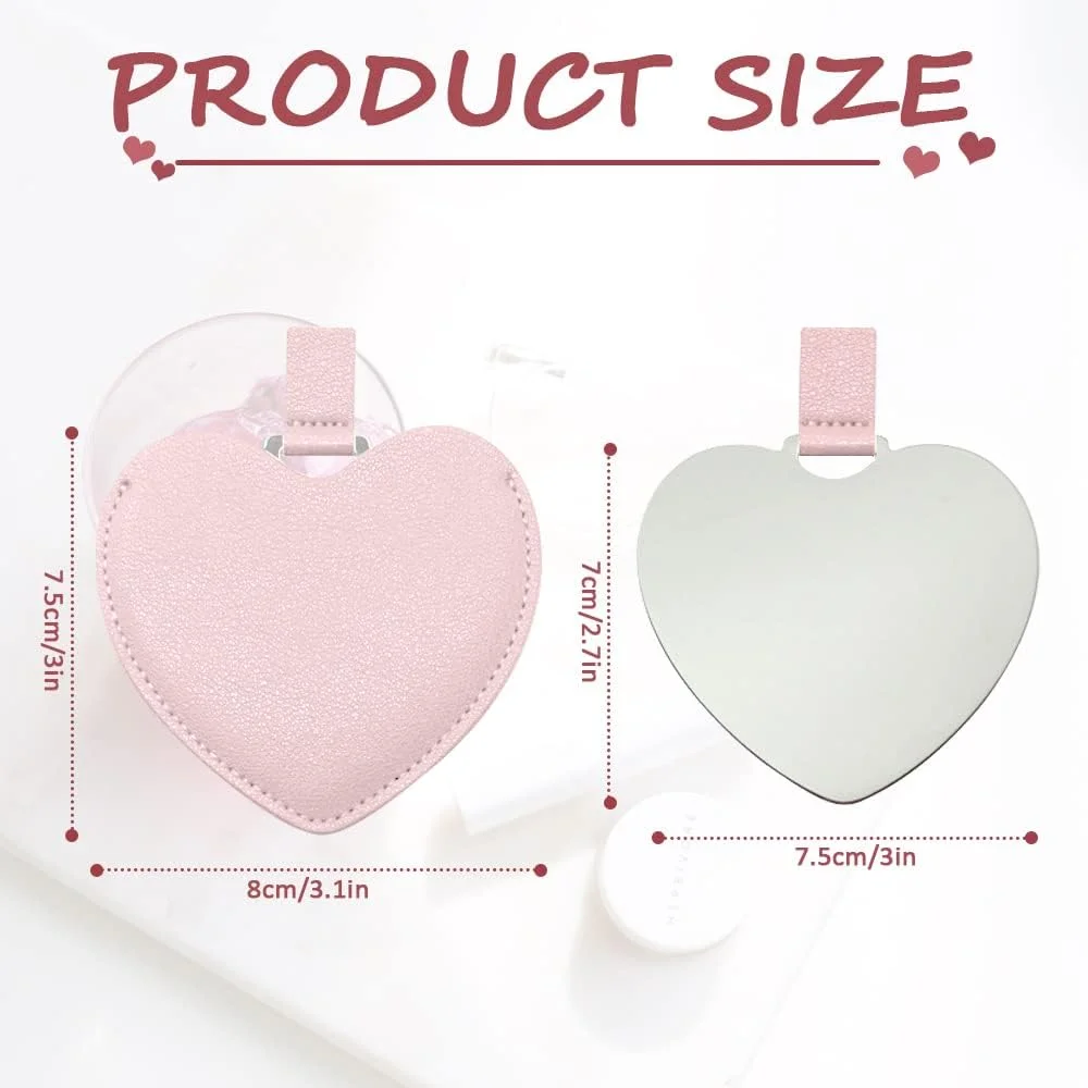 آینه جیبی استیل ضد زنگ اسنومل، آینه نشکن قلبی شکل با روکش چرمی PU، آینه کوچک قابل حمل برای کیف آرایش مسافرتی، مناسب برای زنان و دختران، صورتی