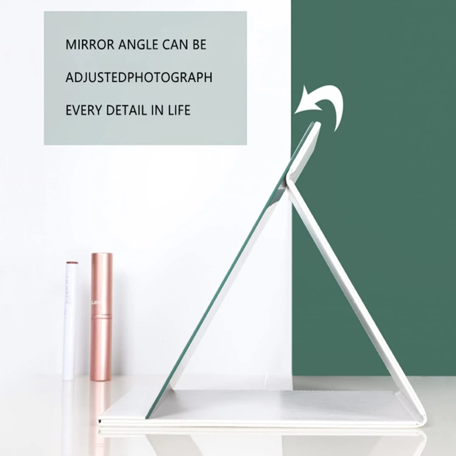 آینه آرایشی تاشو مستطیلی قابل حمل SG-Mart با پشت چرمی PU، پایه رومیزی قابل تنظیم برای مسافرت، میز آرایش، کمپینگ، هدیه زیبایی، حمل آسان (سفید)