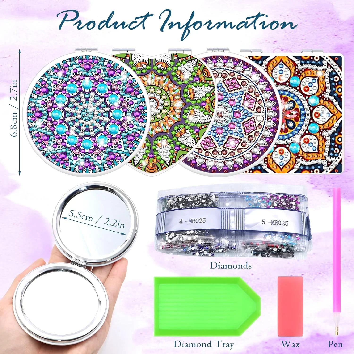 آینه آرایشی تاشو نگین دار SPOKKI، بسته 4 عددی - آینه کوچک قابل حمل برای کیف دستی - هدیه ای مناسب برای دختران، کودکان و مبتدیان نقاشی با نگین (B) آینه آرایشی تاشو نگین دار SPOKKI، بسته 4 عددی - آینه کوچک قابل حمل برای کیف دستی - هدیه ای مناسب برای دختران، کودکان و مبتدیان نقاشی با نگین (B)